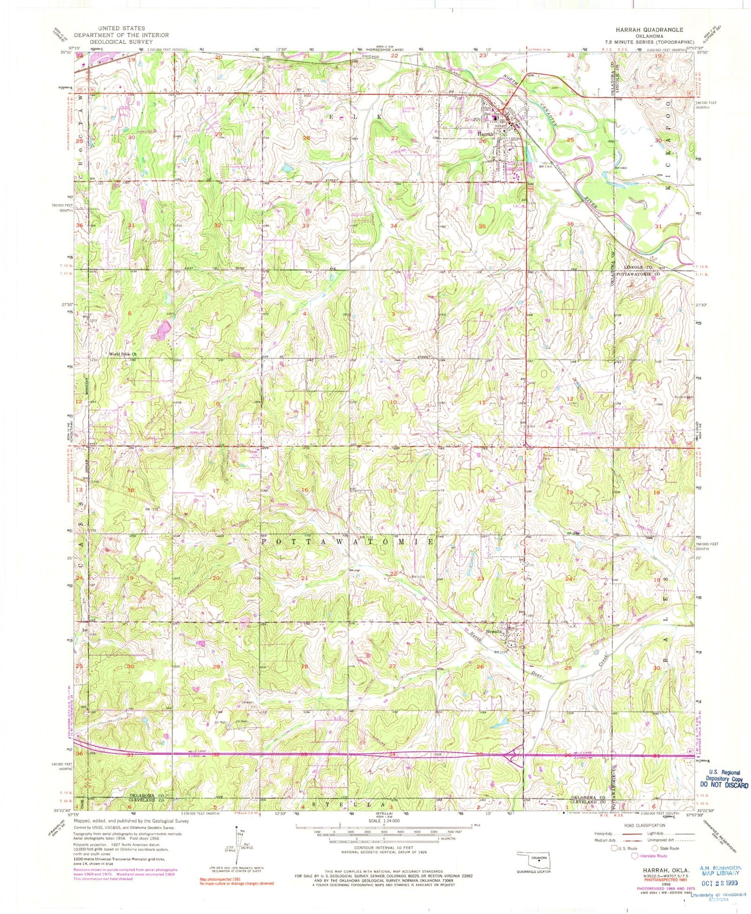 Classic USGS Harrah Oklahoma 7.5'x7.5' Topo Map Image