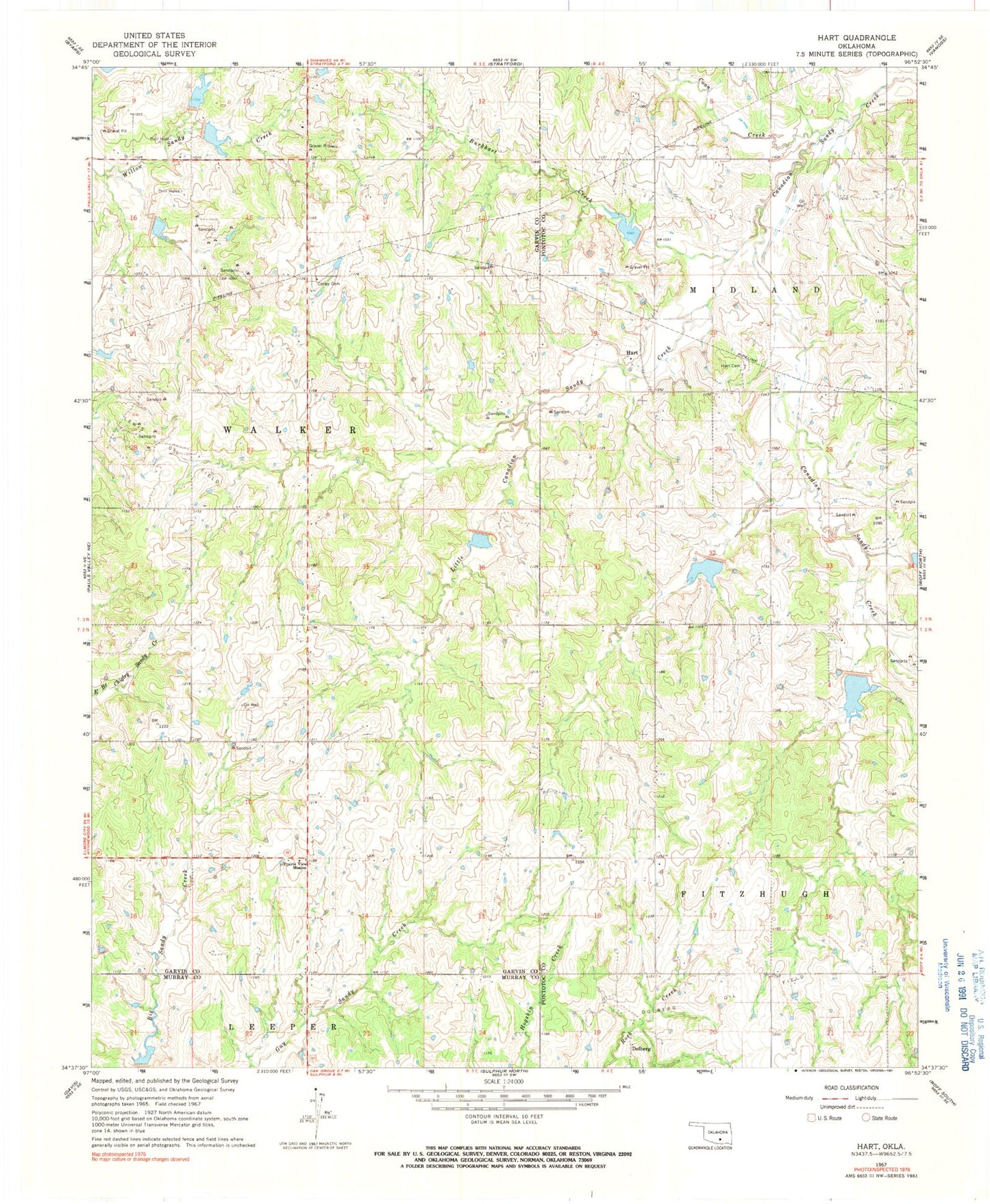 Classic USGS Hart Oklahoma 7.5'x7.5' Topo Map Image