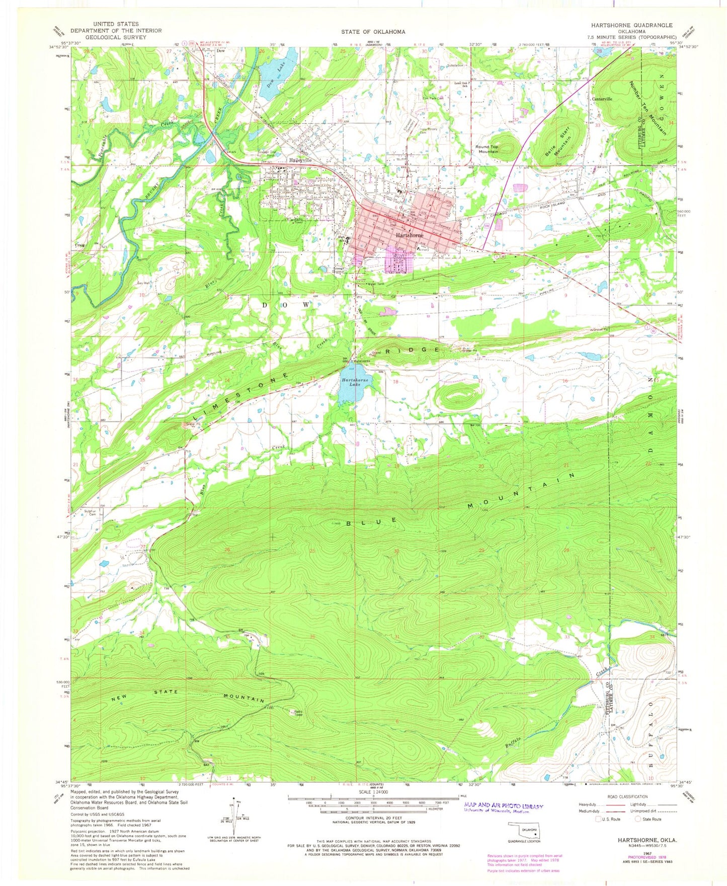 Classic USGS Hartshorne Oklahoma 7.5'x7.5' Topo Map Image