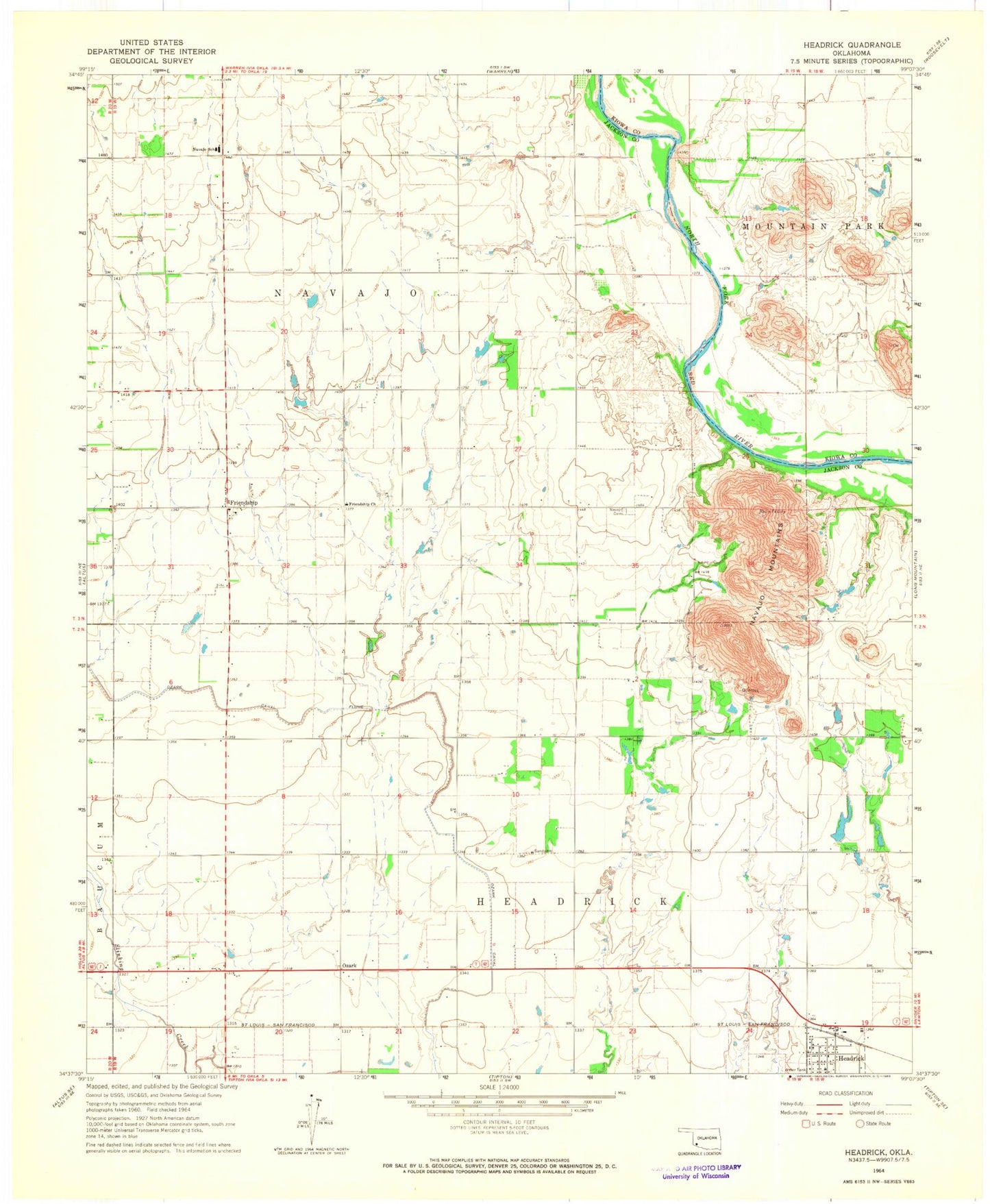 Classic USGS Headrick Oklahoma 7.5'x7.5' Topo Map Image