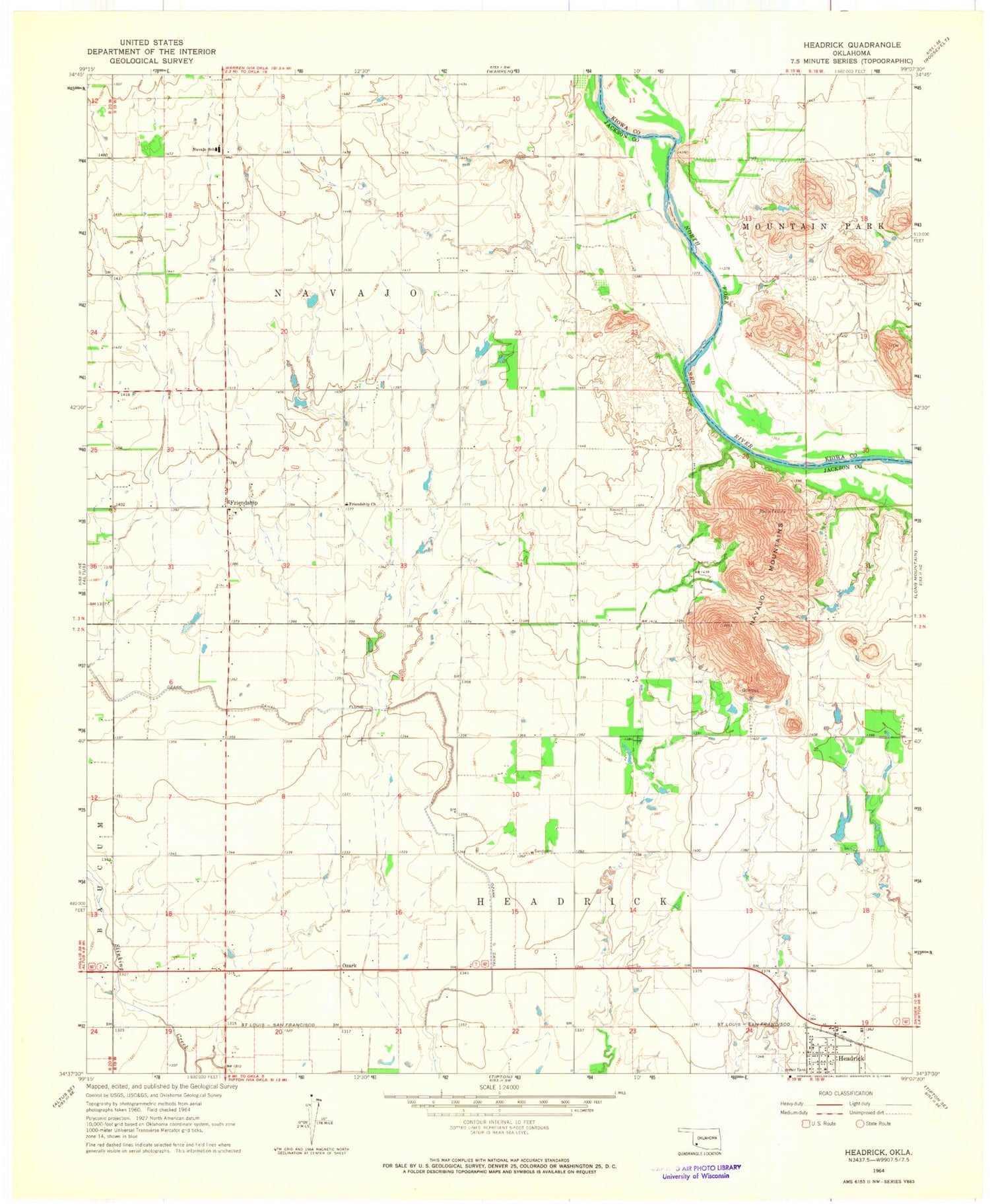 Classic USGS Headrick Oklahoma 7.5'x7.5' Topo Map Image