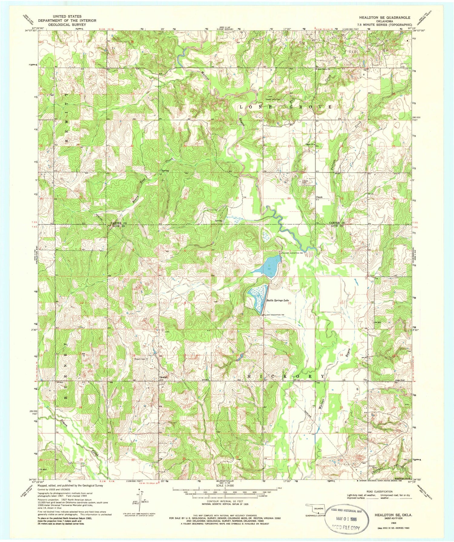 Classic USGS Healdton SE Oklahoma 7.5'x7.5' Topo Map Image