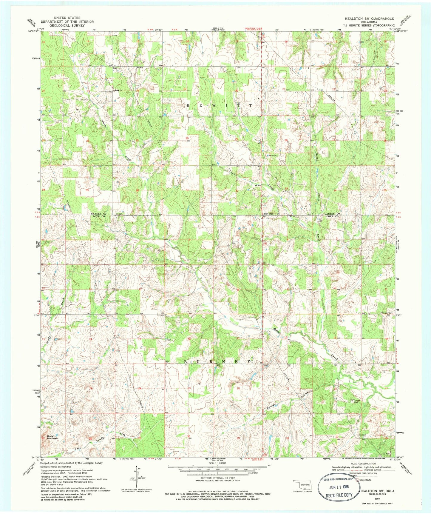 Classic USGS Healdton SW Oklahoma 7.5'x7.5' Topo Map Image