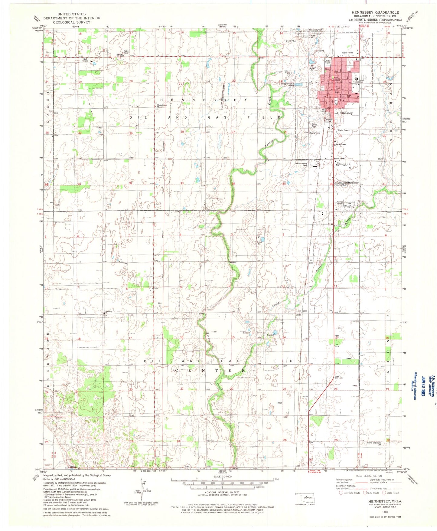 Classic USGS Hennessey Oklahoma 7.5'x7.5' Topo Map Image