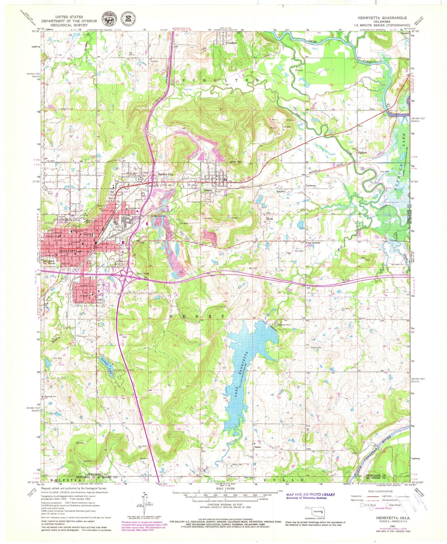 Classic USGS Henryetta Oklahoma 7.5'x7.5' Topo Map Image