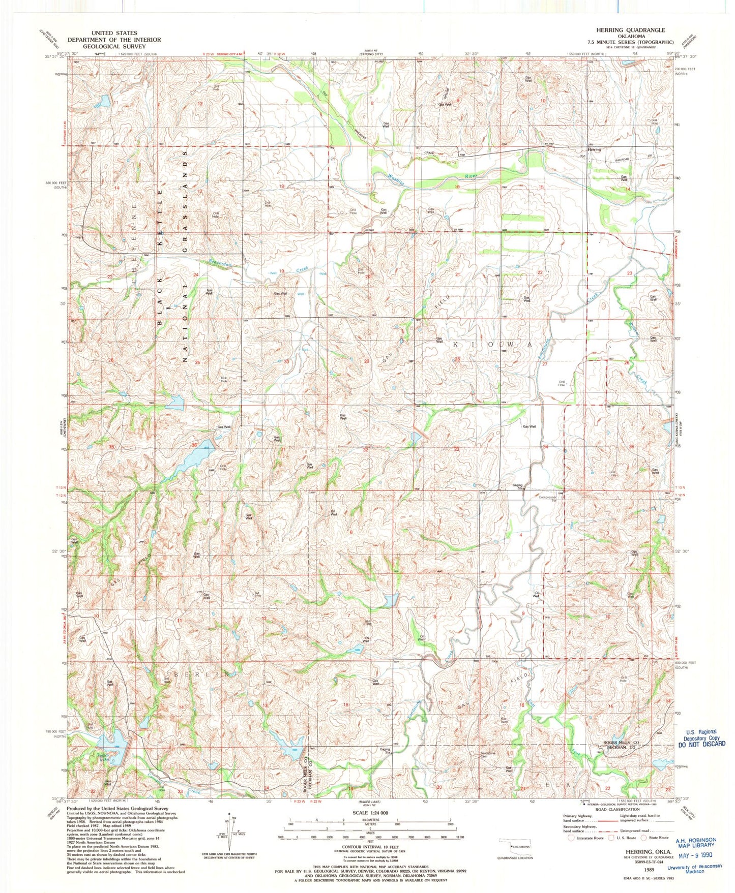 Classic USGS Herring Oklahoma 7.5'x7.5' Topo Map Image