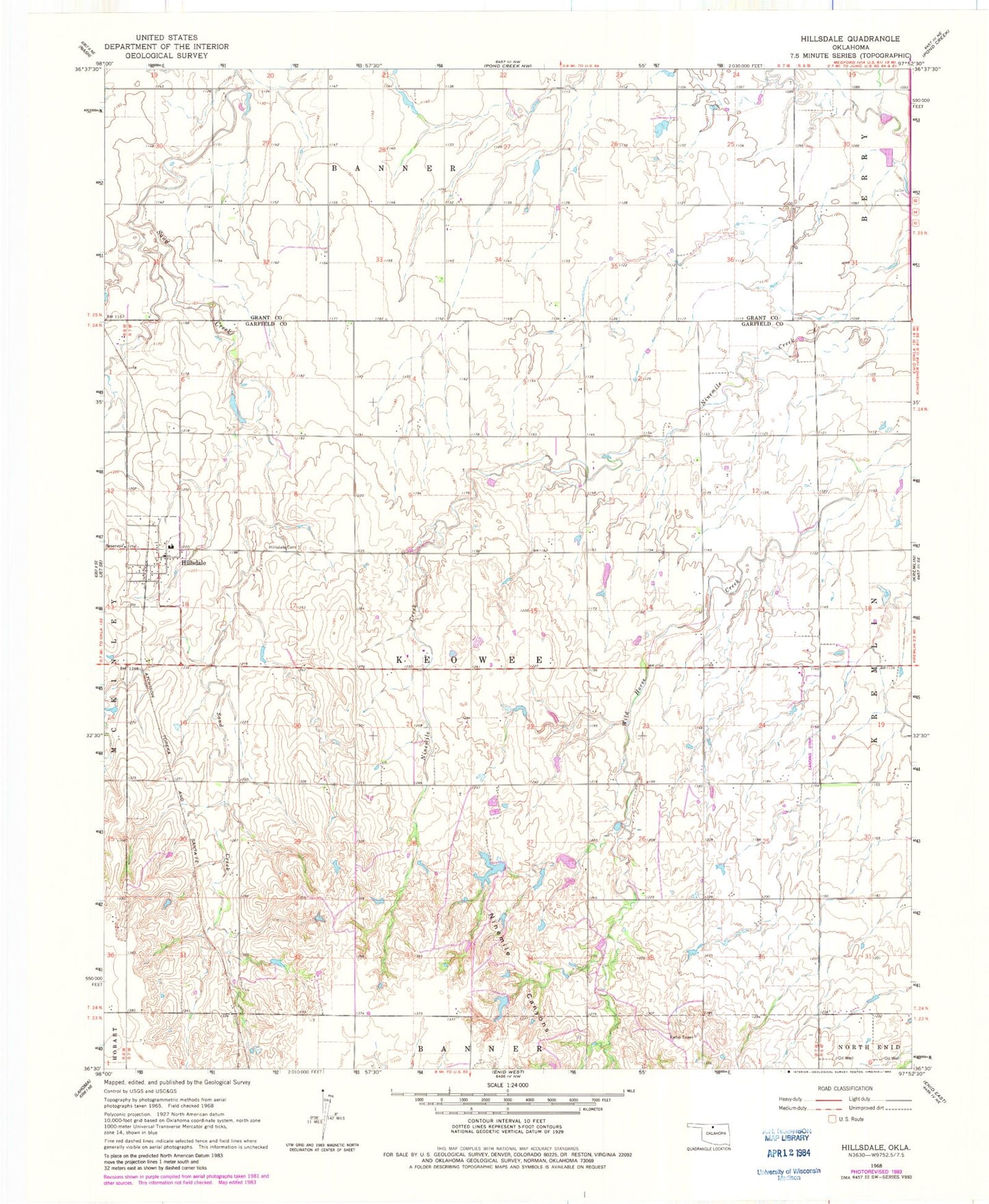 Classic USGS Hillsdale Oklahoma 7.5'x7.5' Topo Map Image