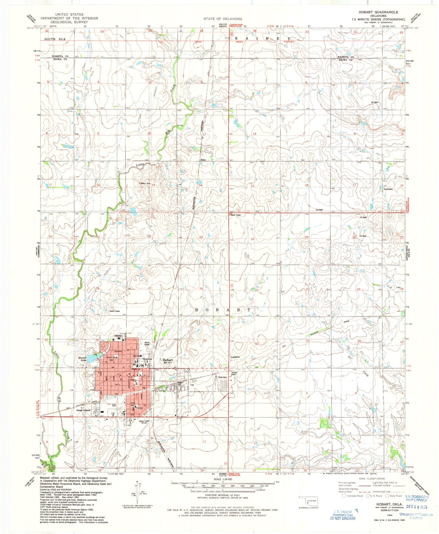 Classic USGS Hobart Oklahoma 7.5'x7.5' Topo Map Image