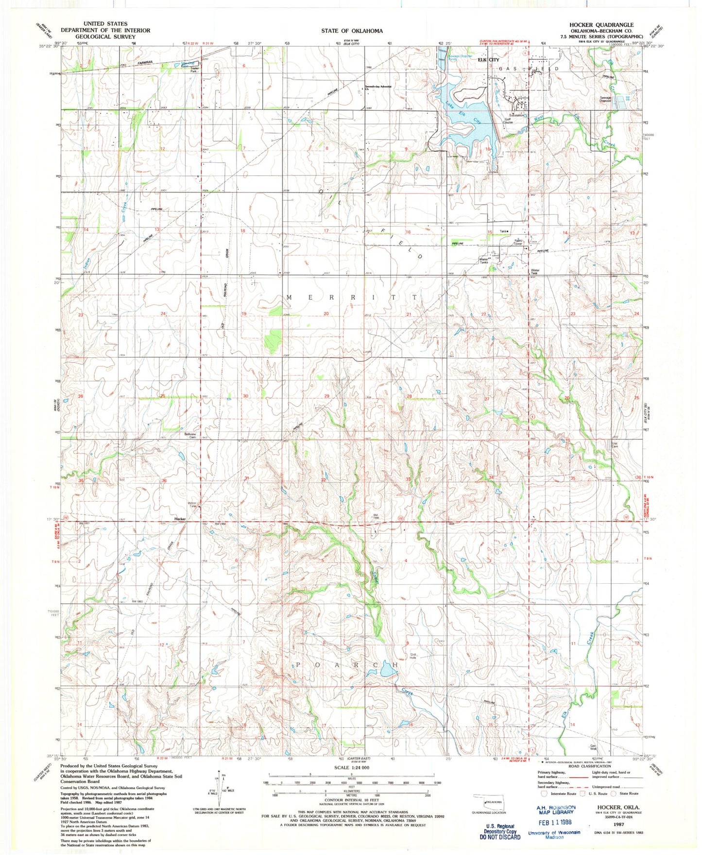 Classic USGS Hocker Oklahoma 7.5'x7.5' Topo Map Image