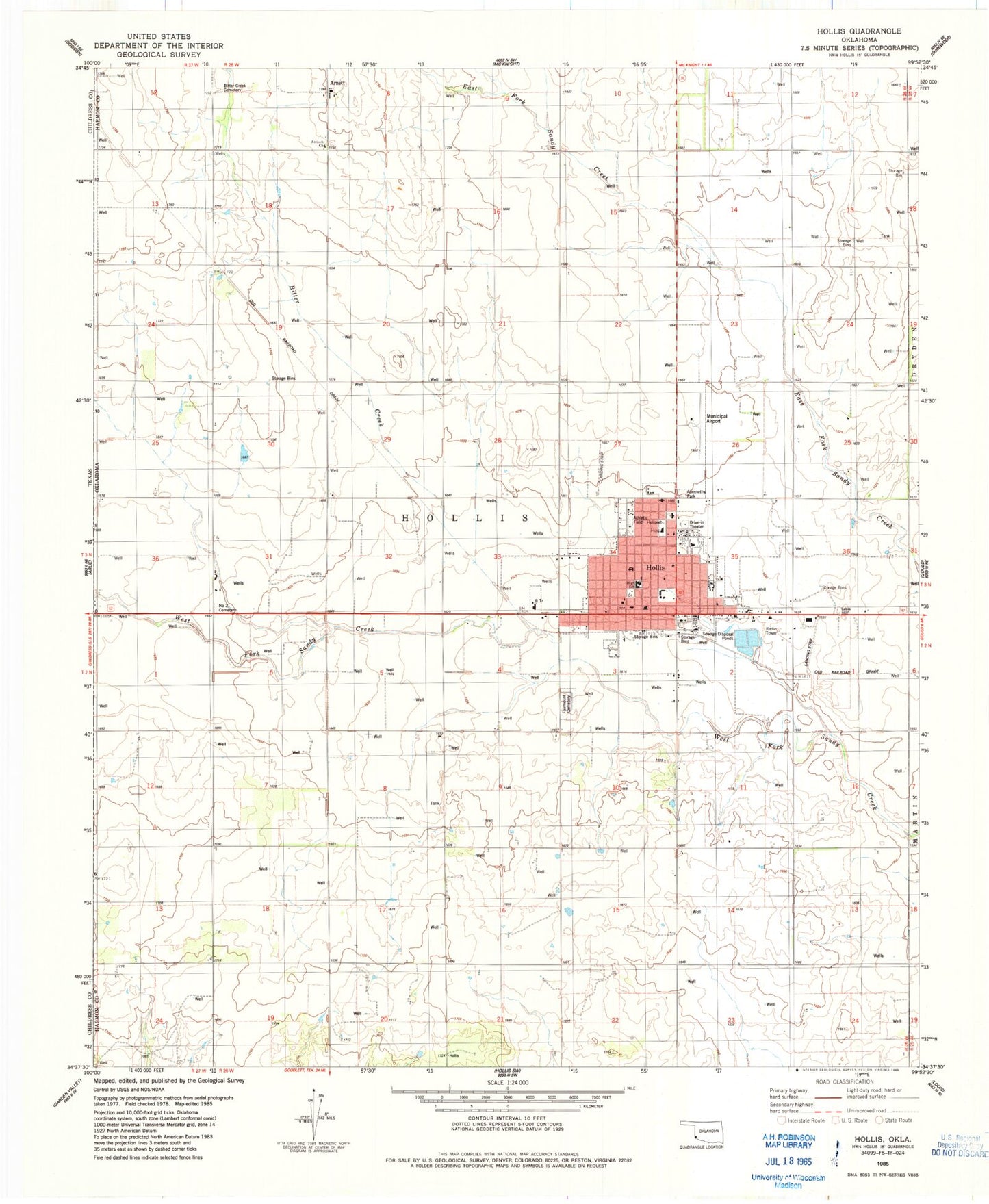 Classic USGS Hollis Oklahoma 7.5'x7.5' Topo Map Image