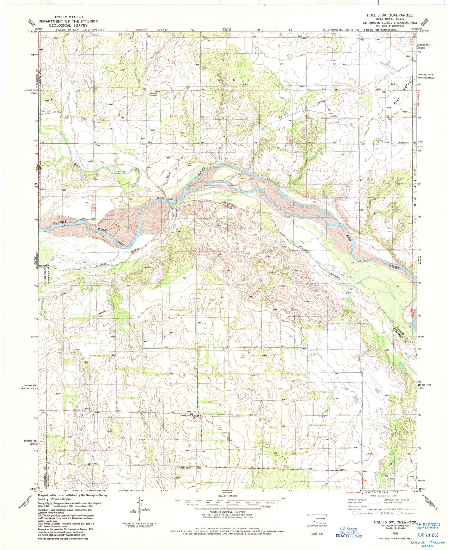 Classic USGS Hollis SW Oklahoma 7.5'x7.5' Topo Map Image