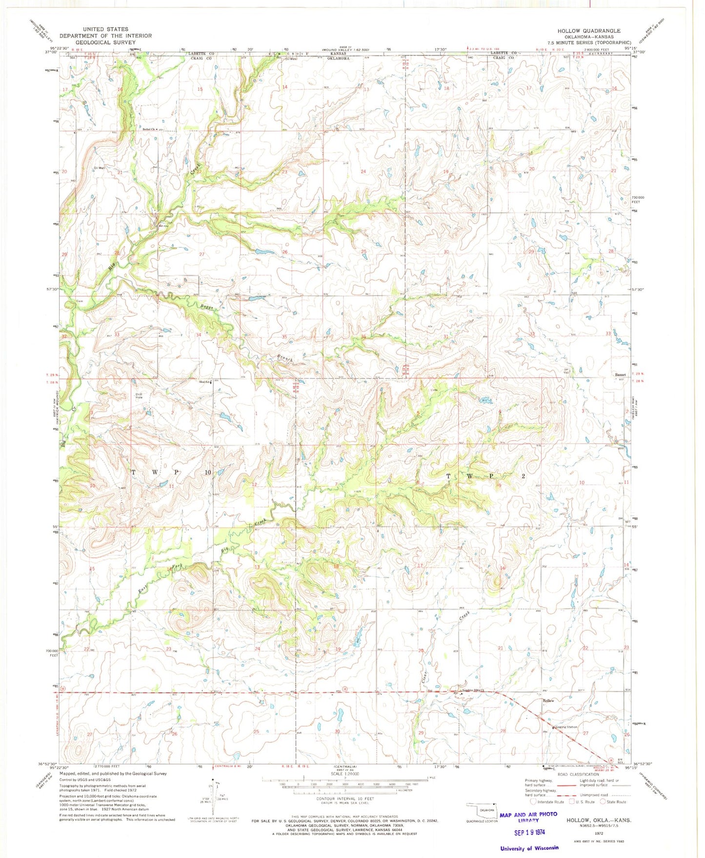 Classic USGS Hollow Oklahoma 7.5'x7.5' Topo Map Image