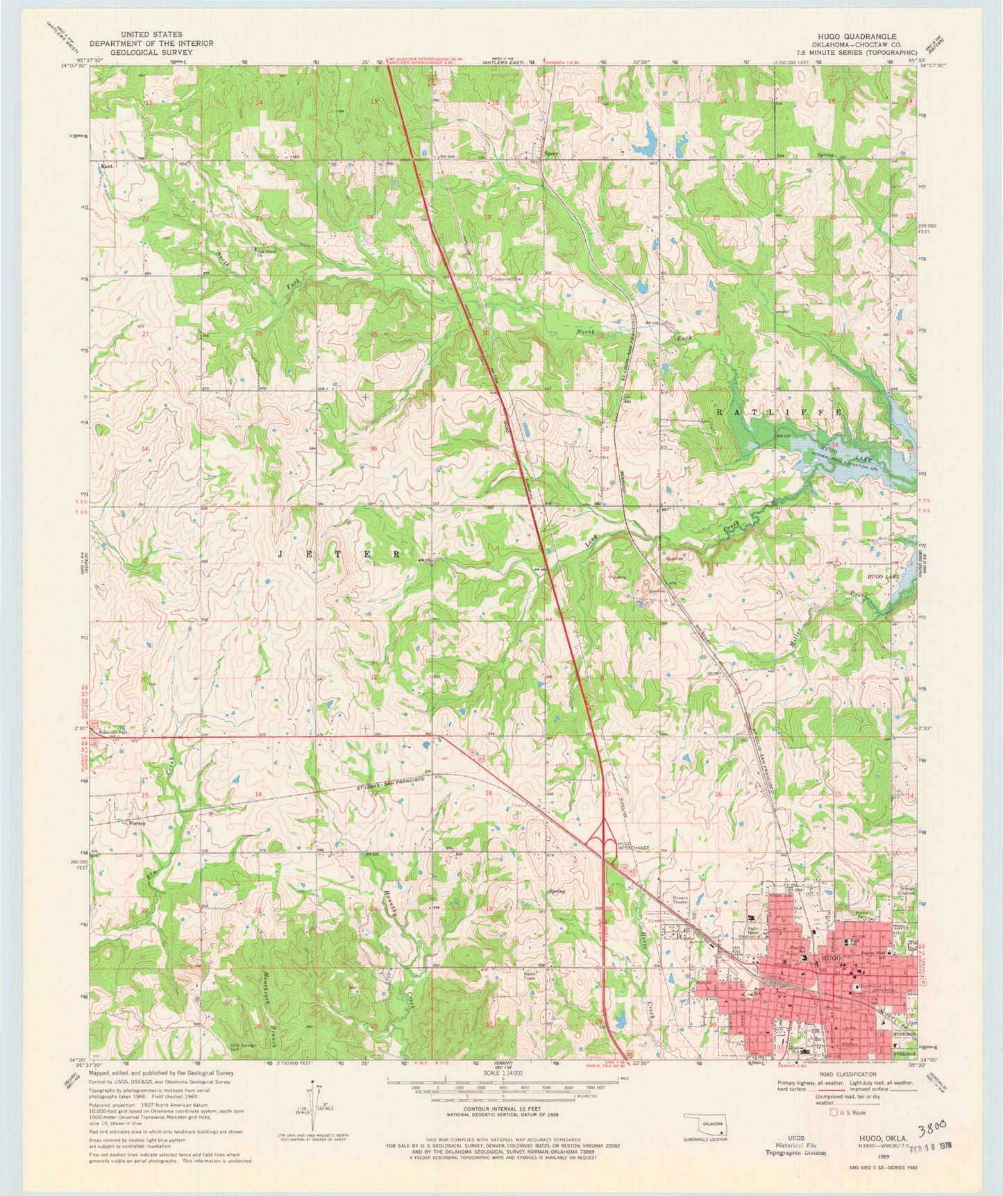 Classic USGS Hugo Oklahoma 7.5'x7.5' Topo Map Image