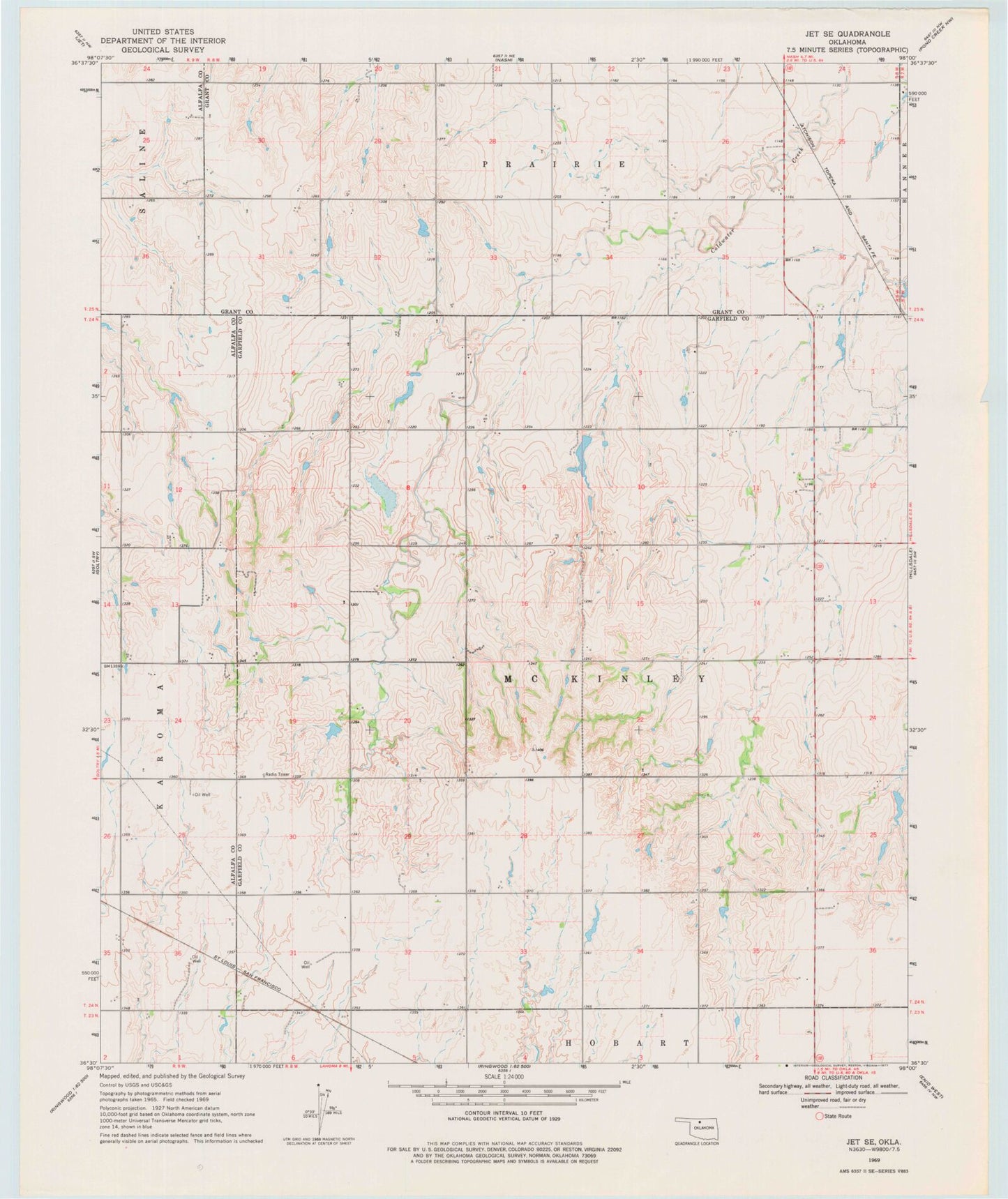 Classic USGS Jet SE Oklahoma 7.5'x7.5' Topo Map Image