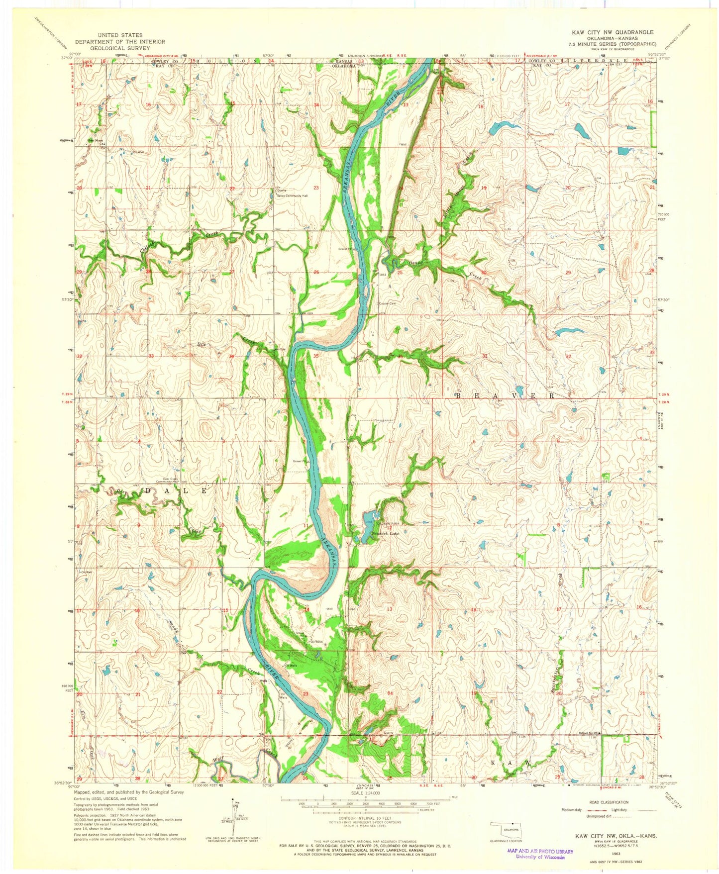 Classic USGS Kaw City NW Oklahoma 7.5'x7.5' Topo Map Image
