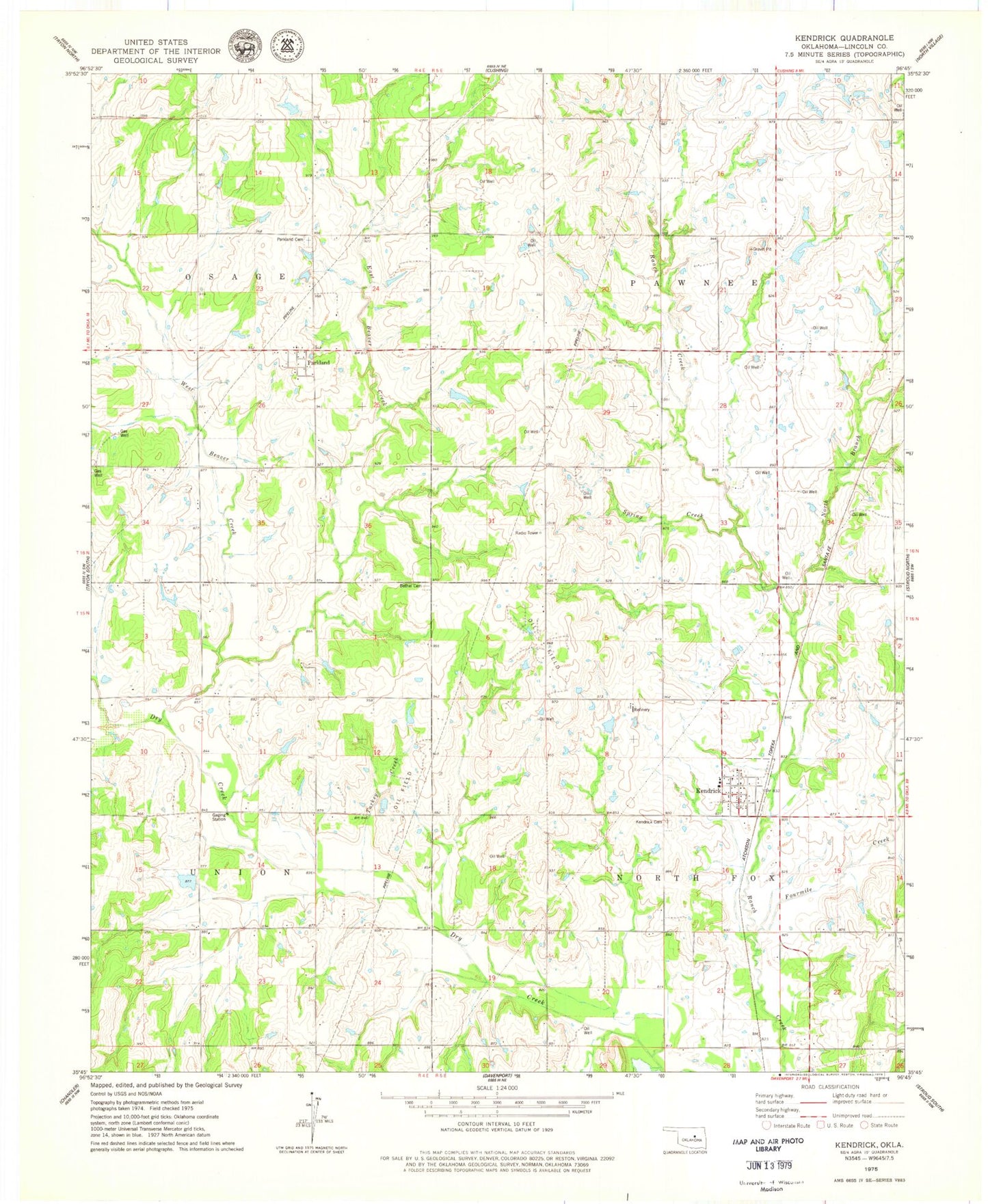 Classic USGS Kendrick Oklahoma 7.5'x7.5' Topo Map Image
