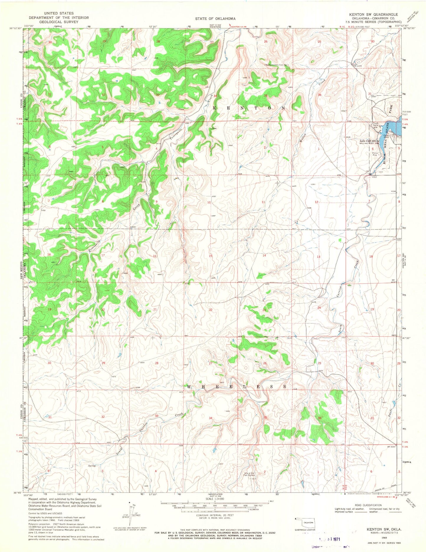 Classic USGS Kenton SW Oklahoma 7.5'x7.5' Topo Map Image