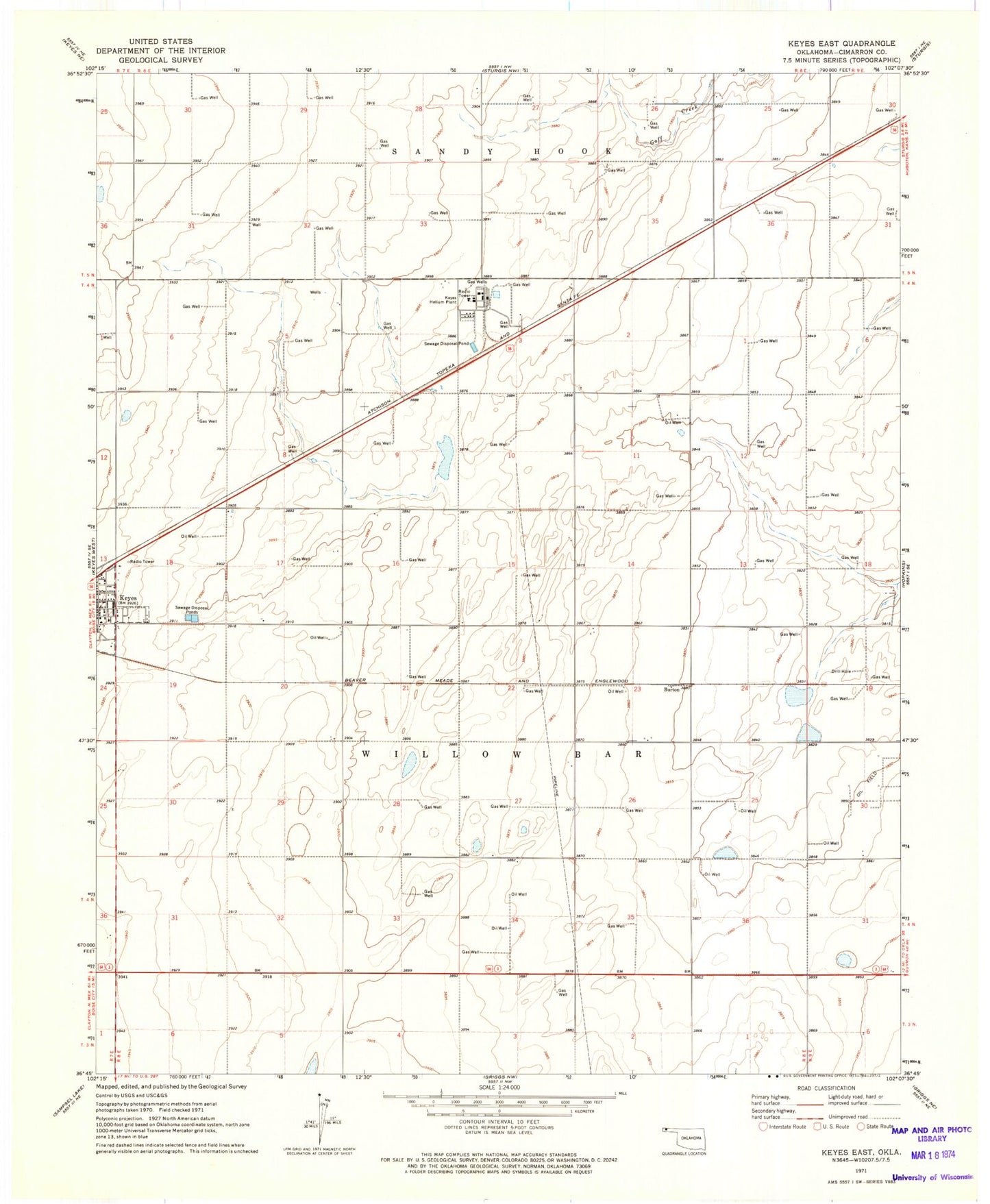 Classic USGS Keyes East Oklahoma 7.5'x7.5' Topo Map Image