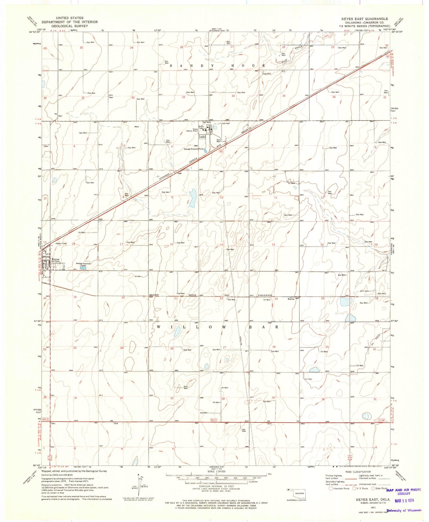Classic USGS Keyes East Oklahoma 7.5'x7.5' Topo Map Image
