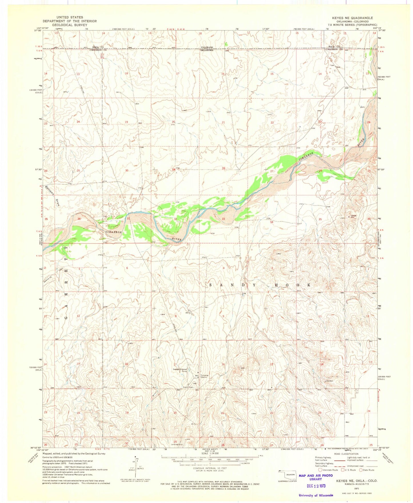 Classic USGS Keyes NE Oklahoma 7.5'x7.5' Topo Map Image
