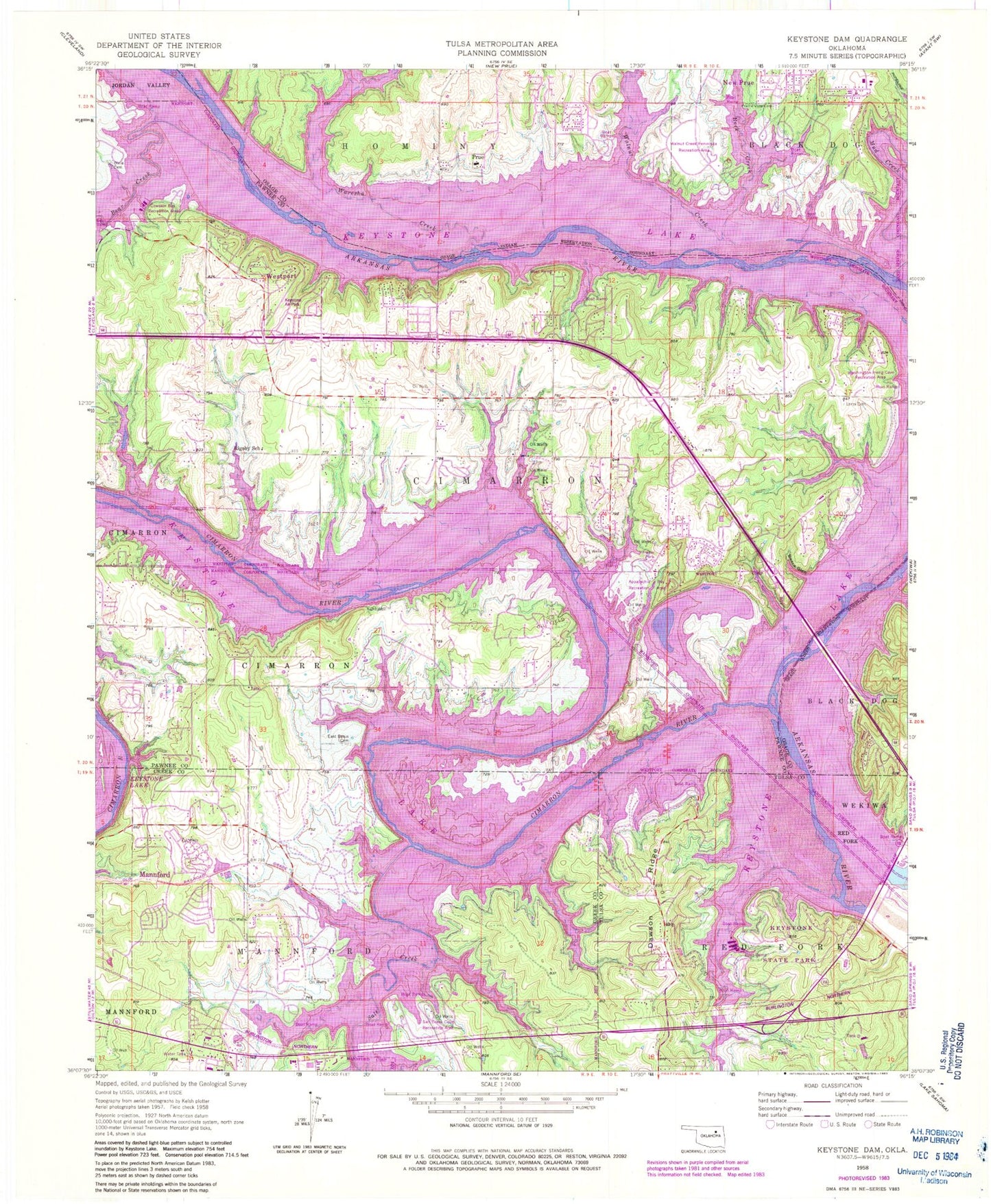 Classic USGS Keystone Dam Oklahoma 7.5'x7.5' Topo Map Image
