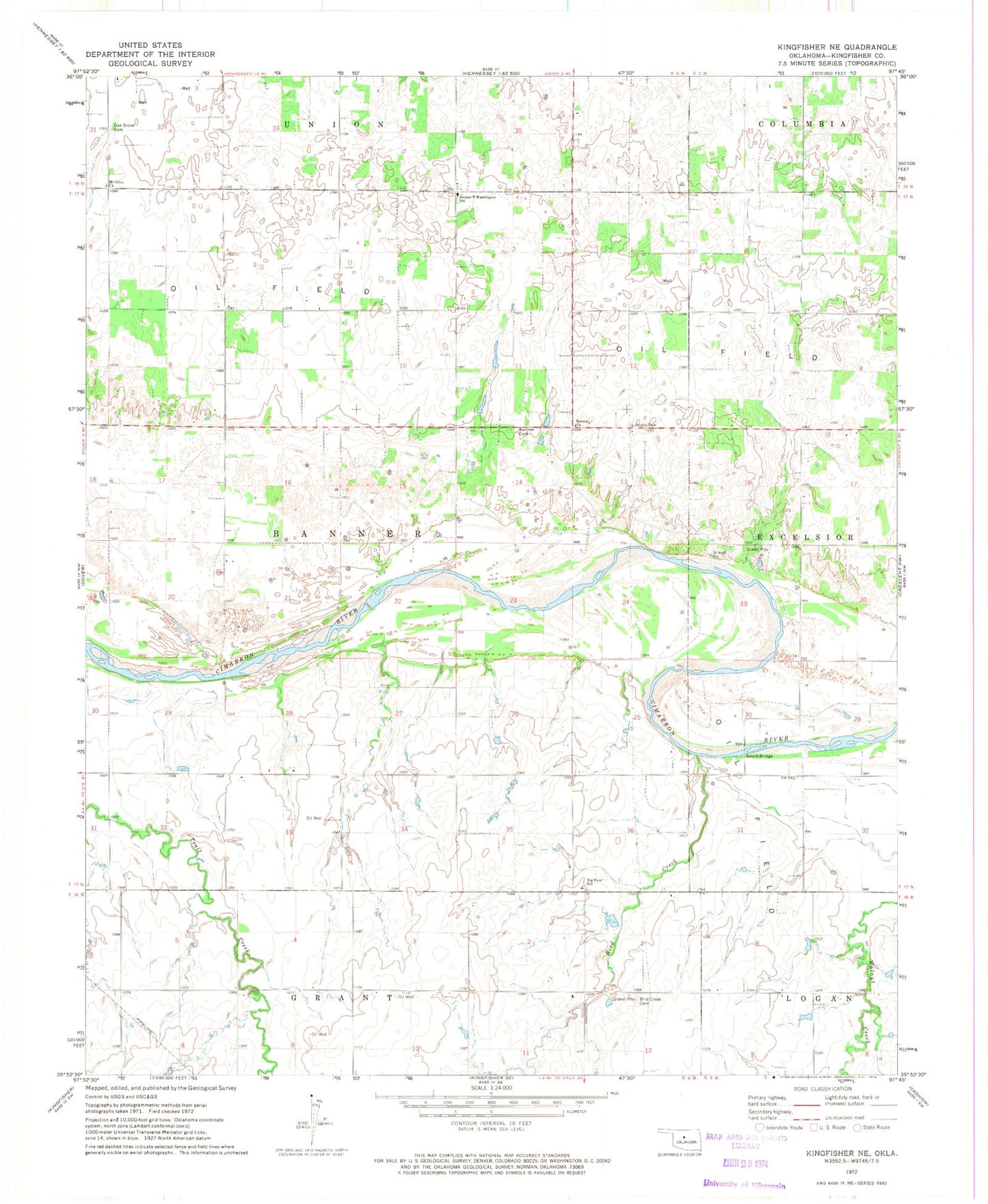 Classic USGS Kingfisher NE Oklahoma 7.5'x7.5' Topo Map Image