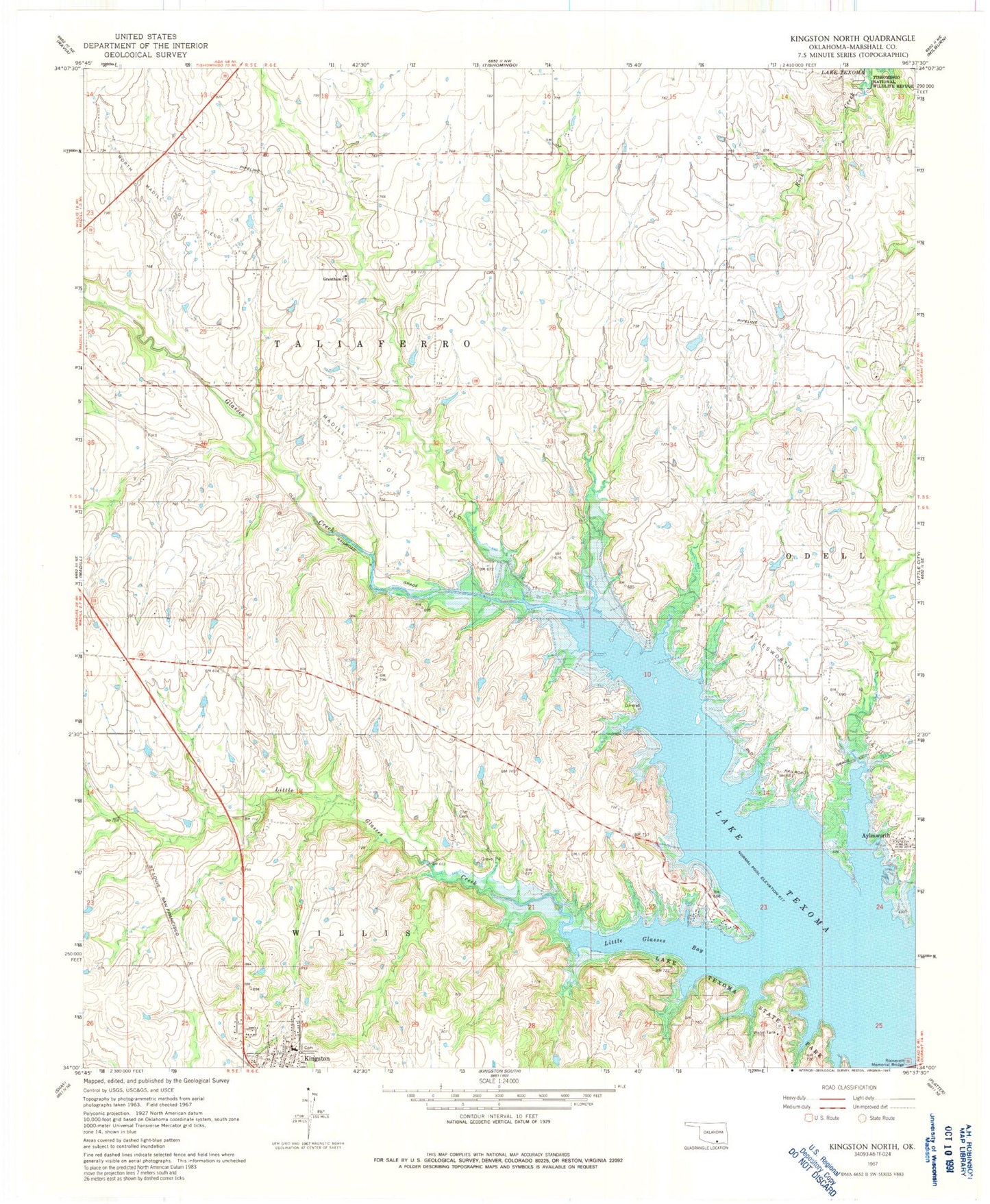 Classic USGS Kingston North Oklahoma 7.5'x7.5' Topo Map Image