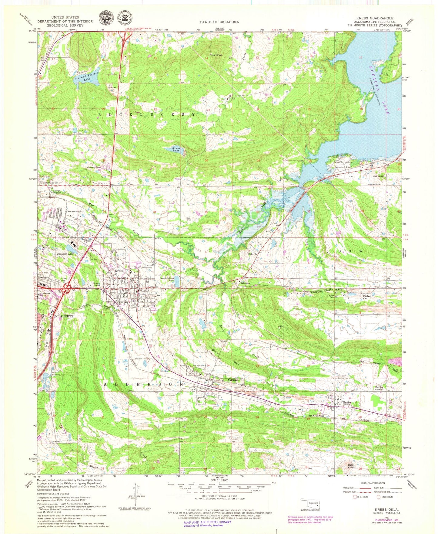 Classic USGS Krebs Oklahoma 7.5'x7.5' Topo Map Image