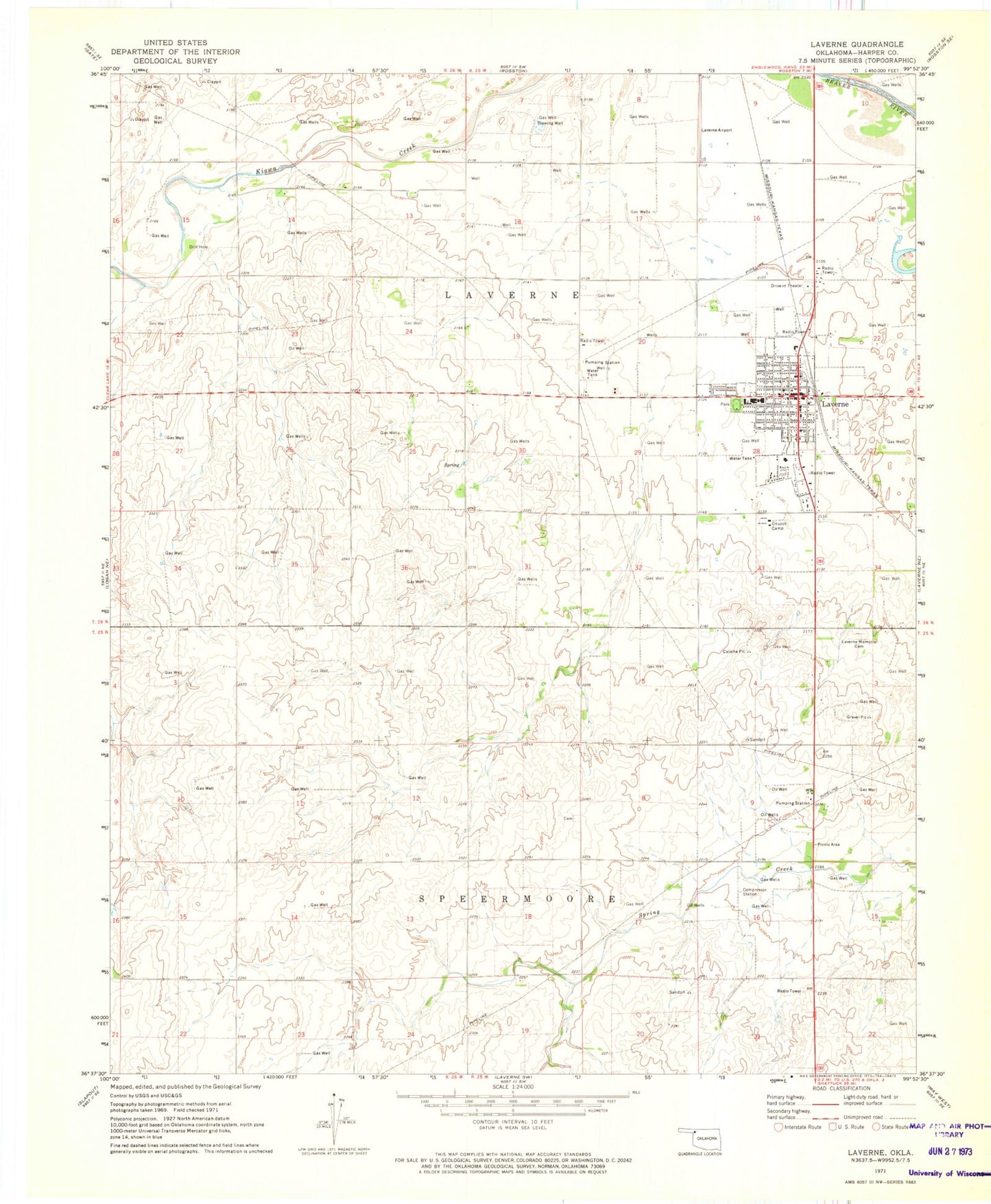 Classic USGS Laverne Oklahoma 7.5'x7.5' Topo Map Image