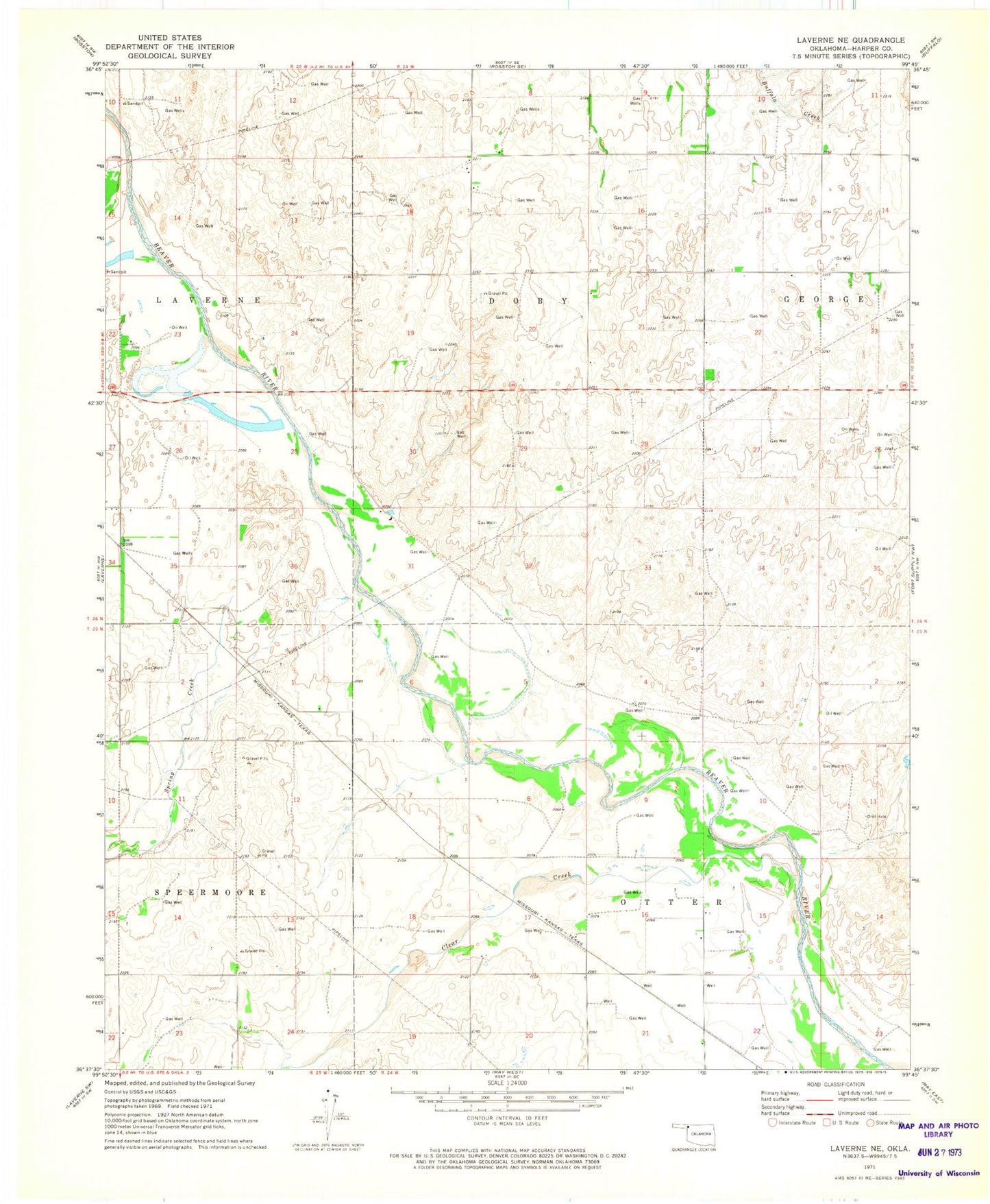 Classic USGS Laverne NE Oklahoma 7.5'x7.5' Topo Map Image