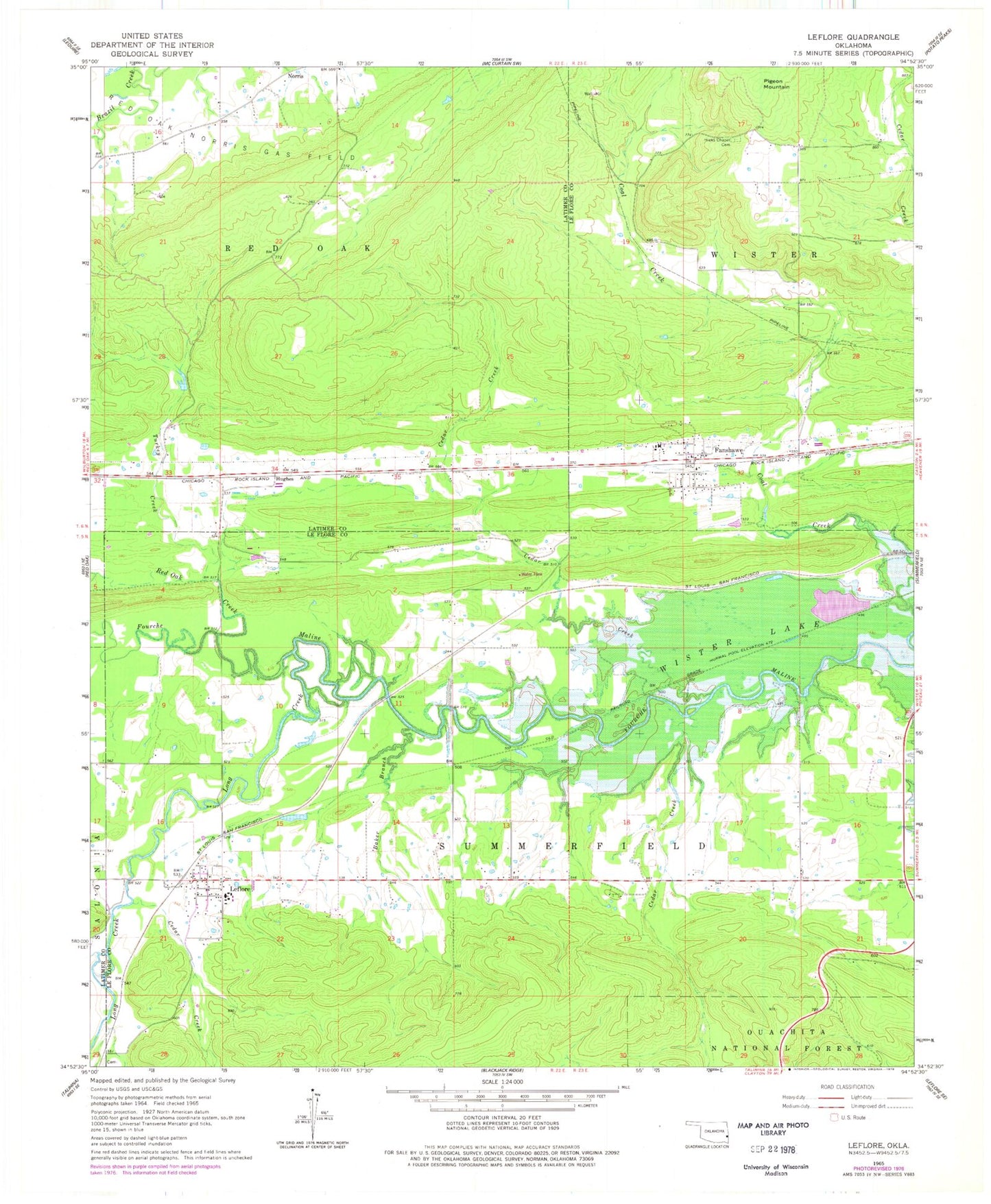 Classic USGS Leflore Oklahoma 7.5'x7.5' Topo Map Image