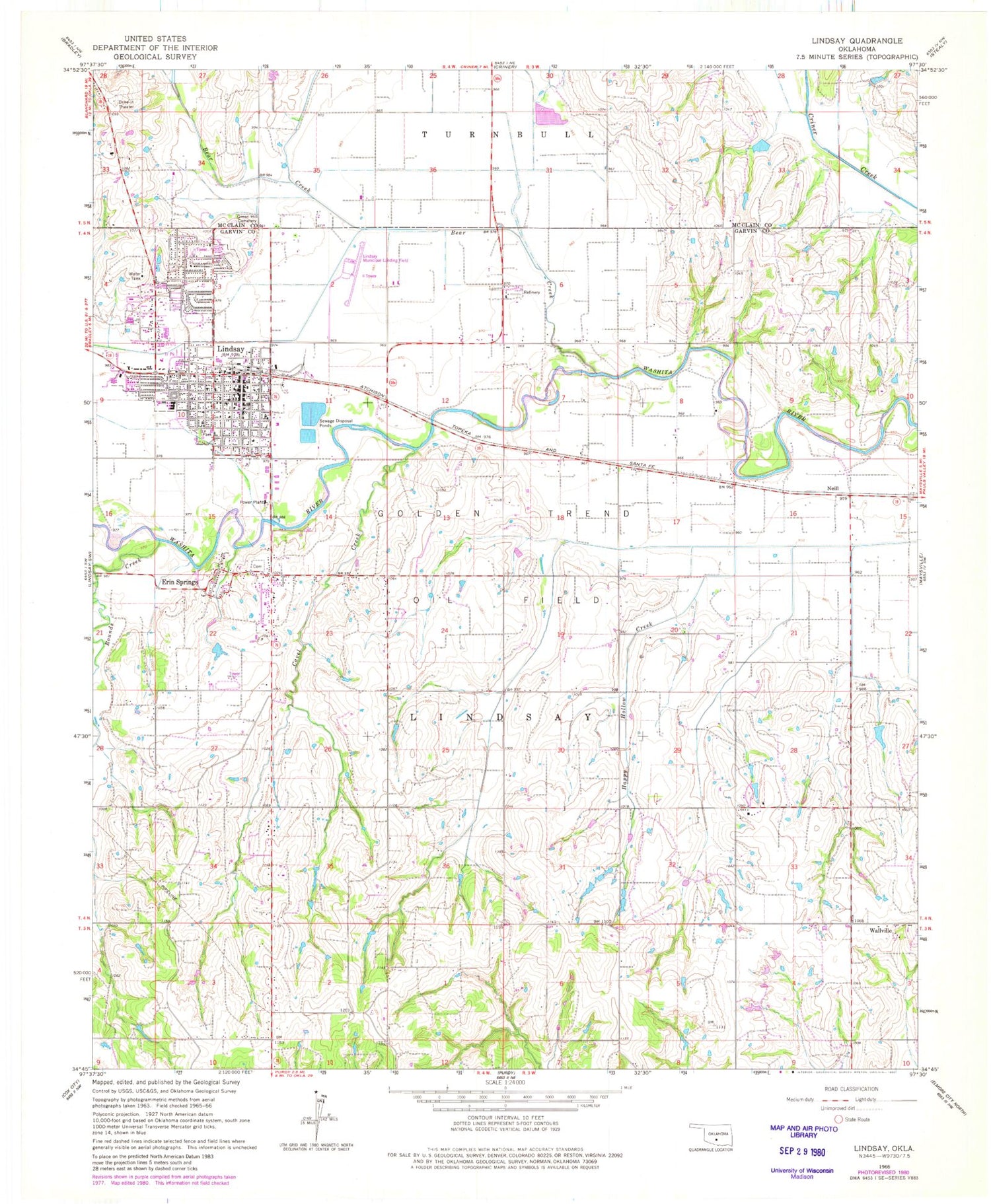 Classic USGS Lindsay Oklahoma 7.5'x7.5' Topo Map Image