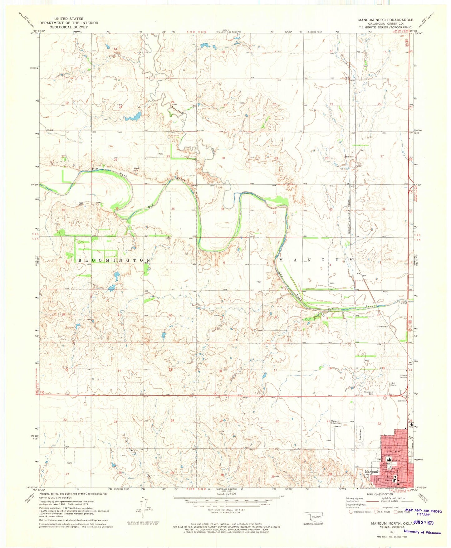 Classic USGS Mangum North Oklahoma 7.5'x7.5' Topo Map Image
