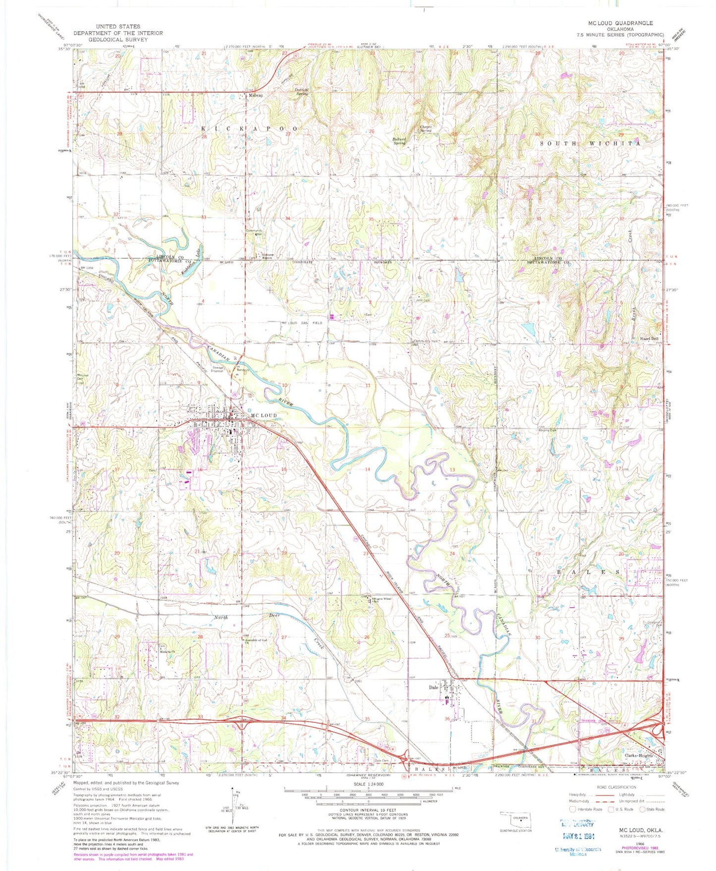 Classic USGS McLoud Oklahoma 7.5'x7.5' Topo Map Image