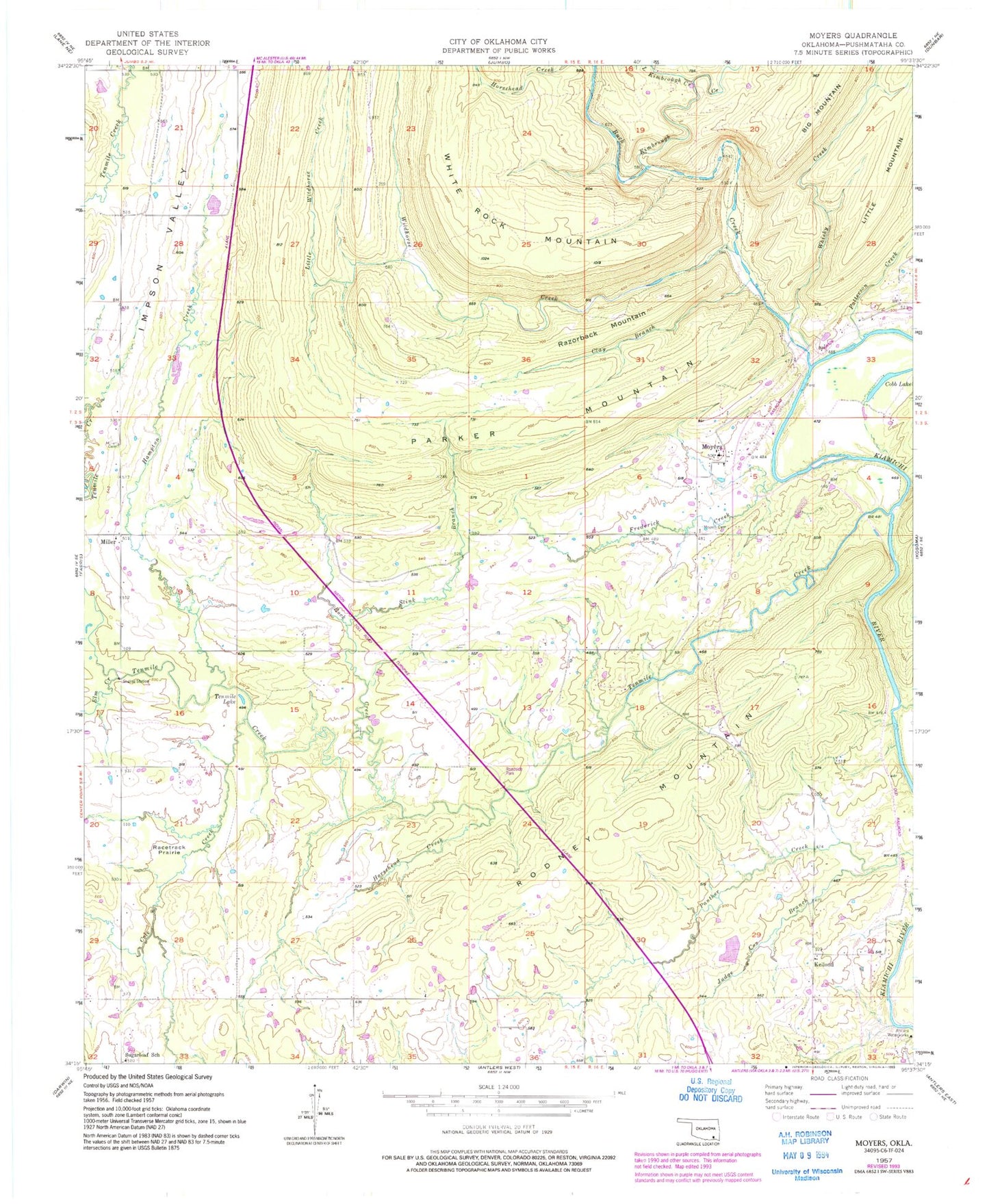 Classic USGS Moyers Oklahoma 7.5'x7.5' Topo Map Image