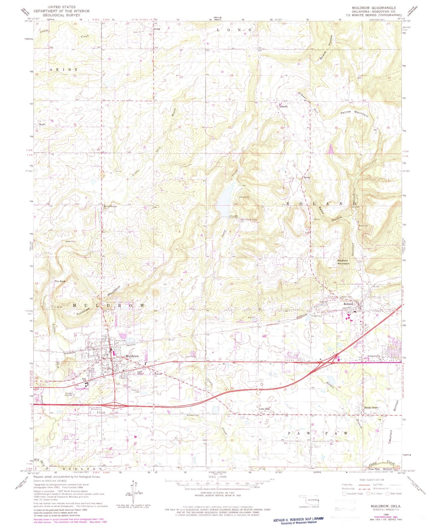 Classic USGS Muldrow Oklahoma 7.5'x7.5' Topo Map Image