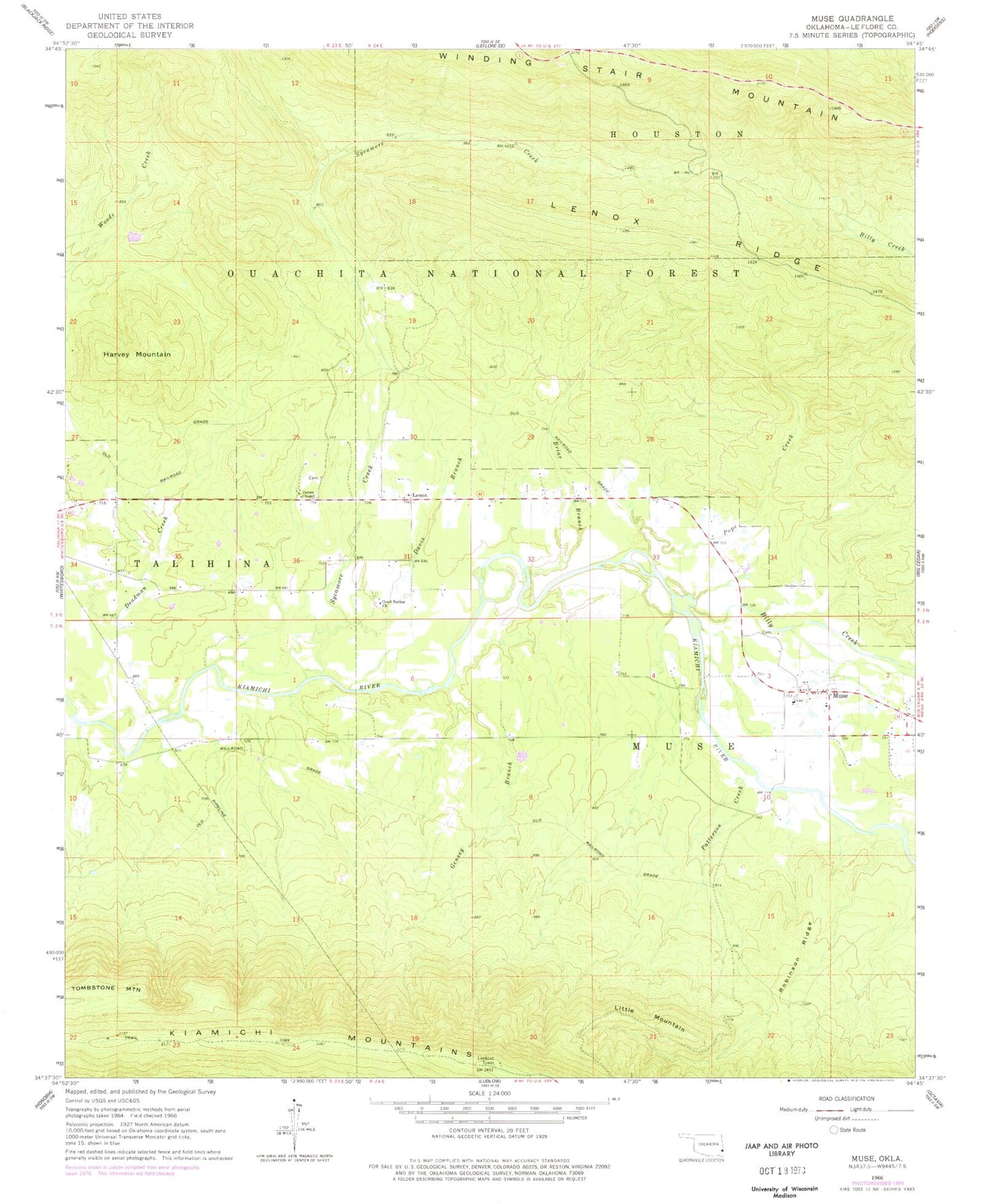 Classic USGS Muse Oklahoma 7.5'x7.5' Topo Map Image