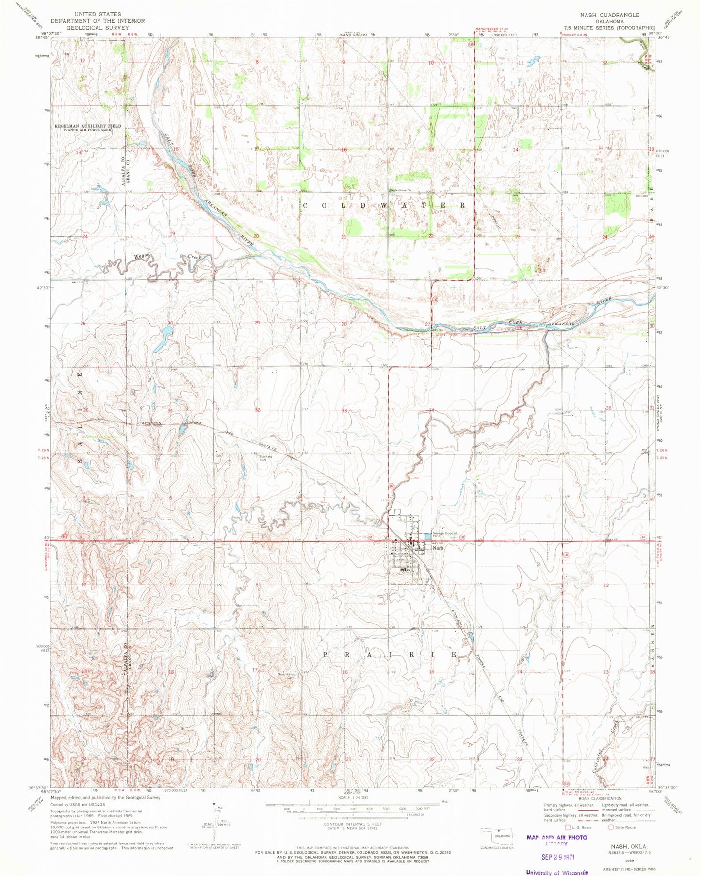 Classic USGS Nash Oklahoma 7.5'x7.5' Topo Map Image
