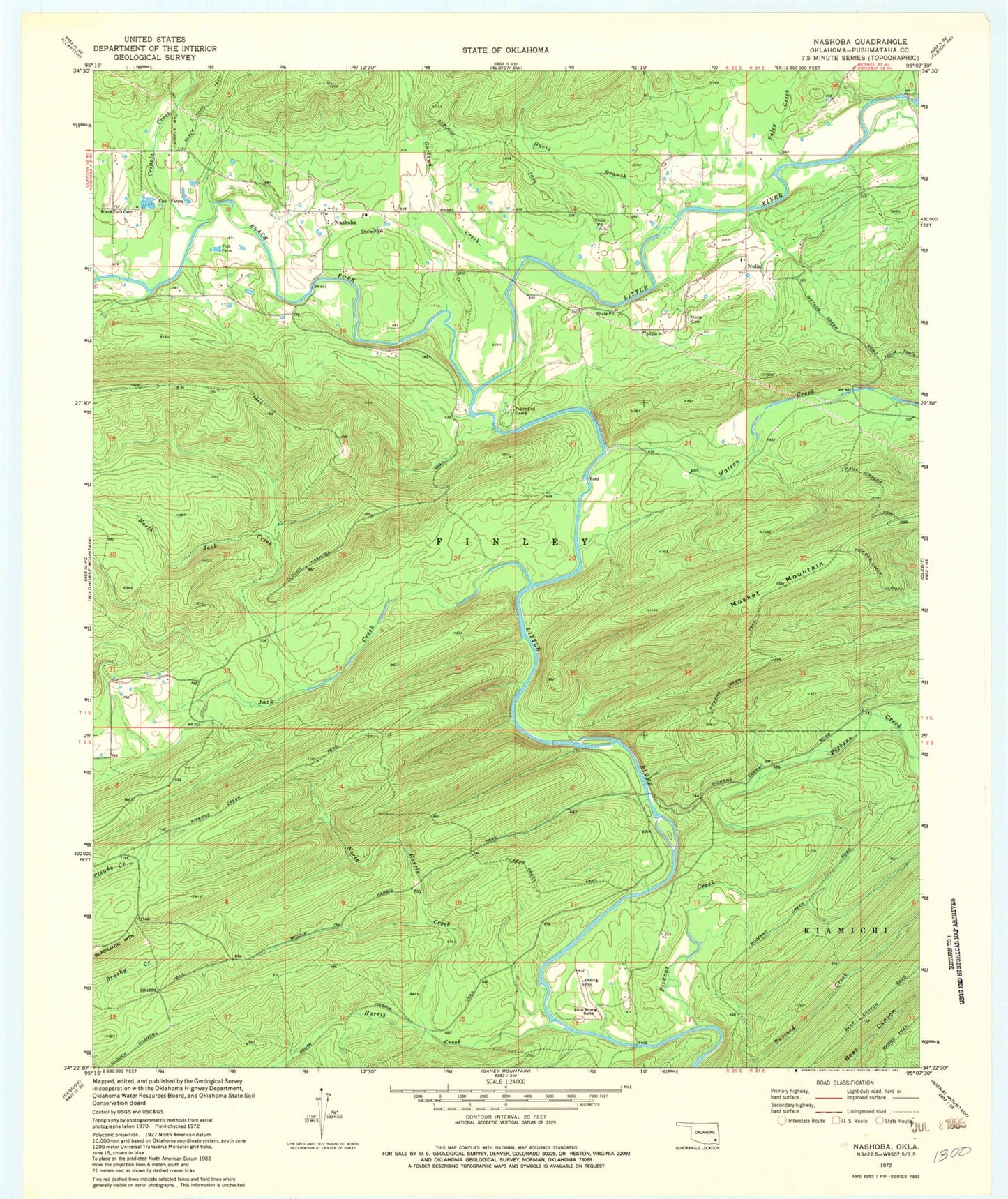 Classic USGS Nashoba Oklahoma 7.5'x7.5' Topo Map Image