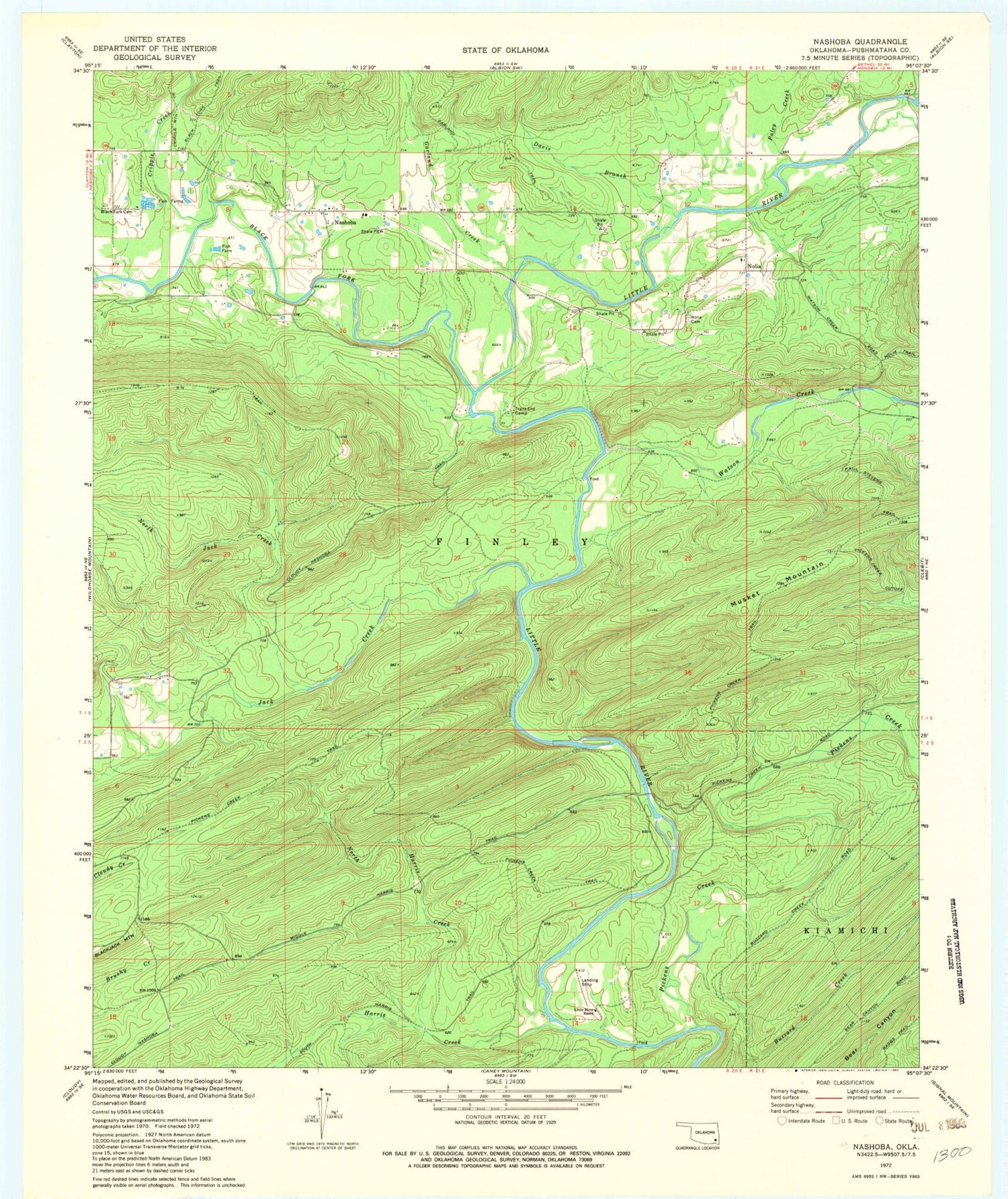 Classic USGS Nashoba Oklahoma 7.5'x7.5' Topo Map Image