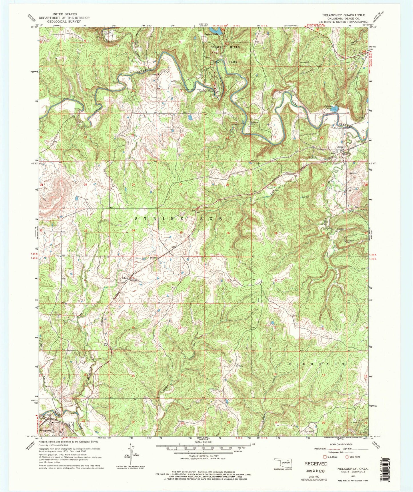 Classic USGS Nelagoney Oklahoma 7.5'x7.5' Topo Map Image