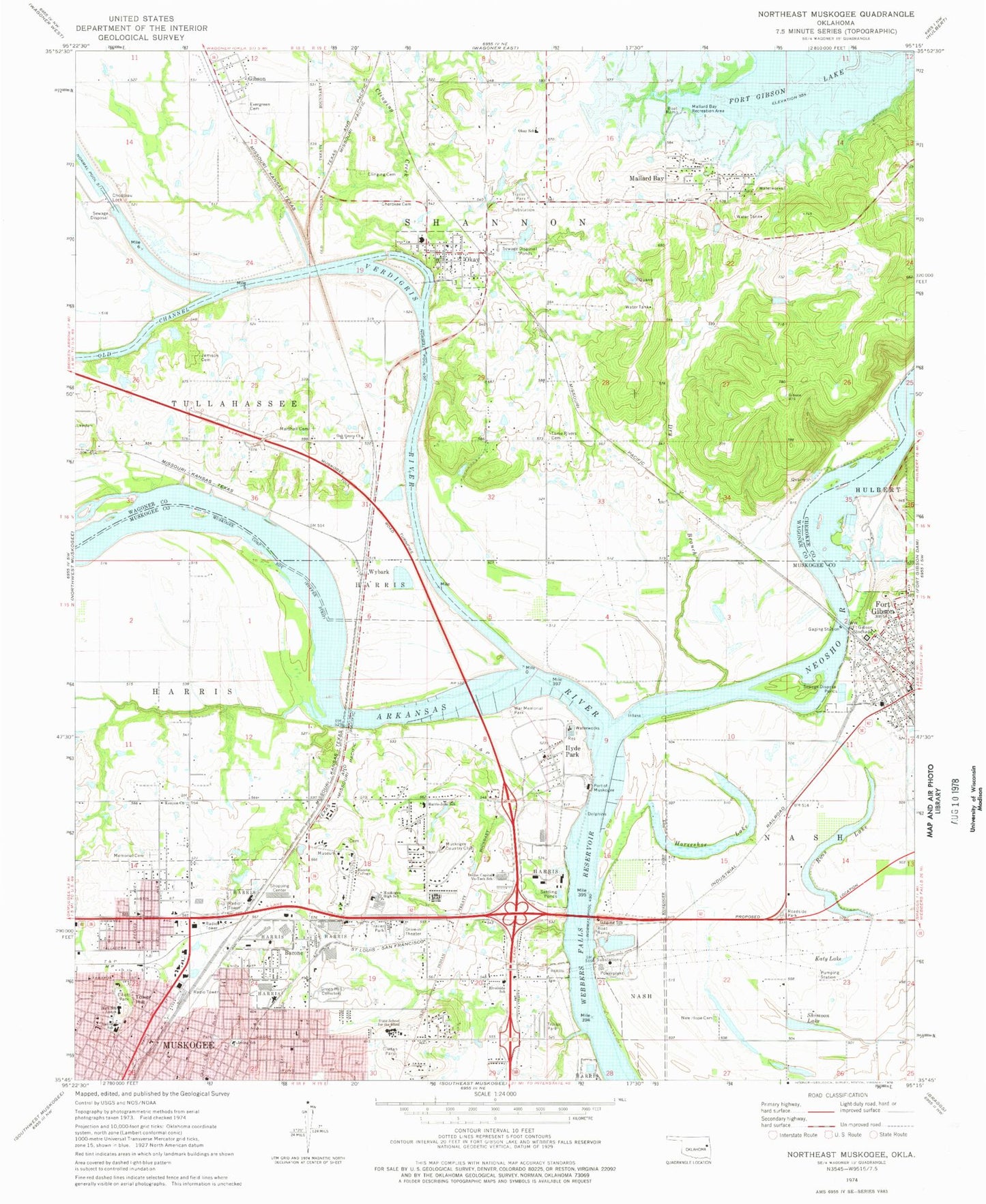 Classic USGS Northeast Muskogee Oklahoma 7.5'x7.5' Topo Map Image