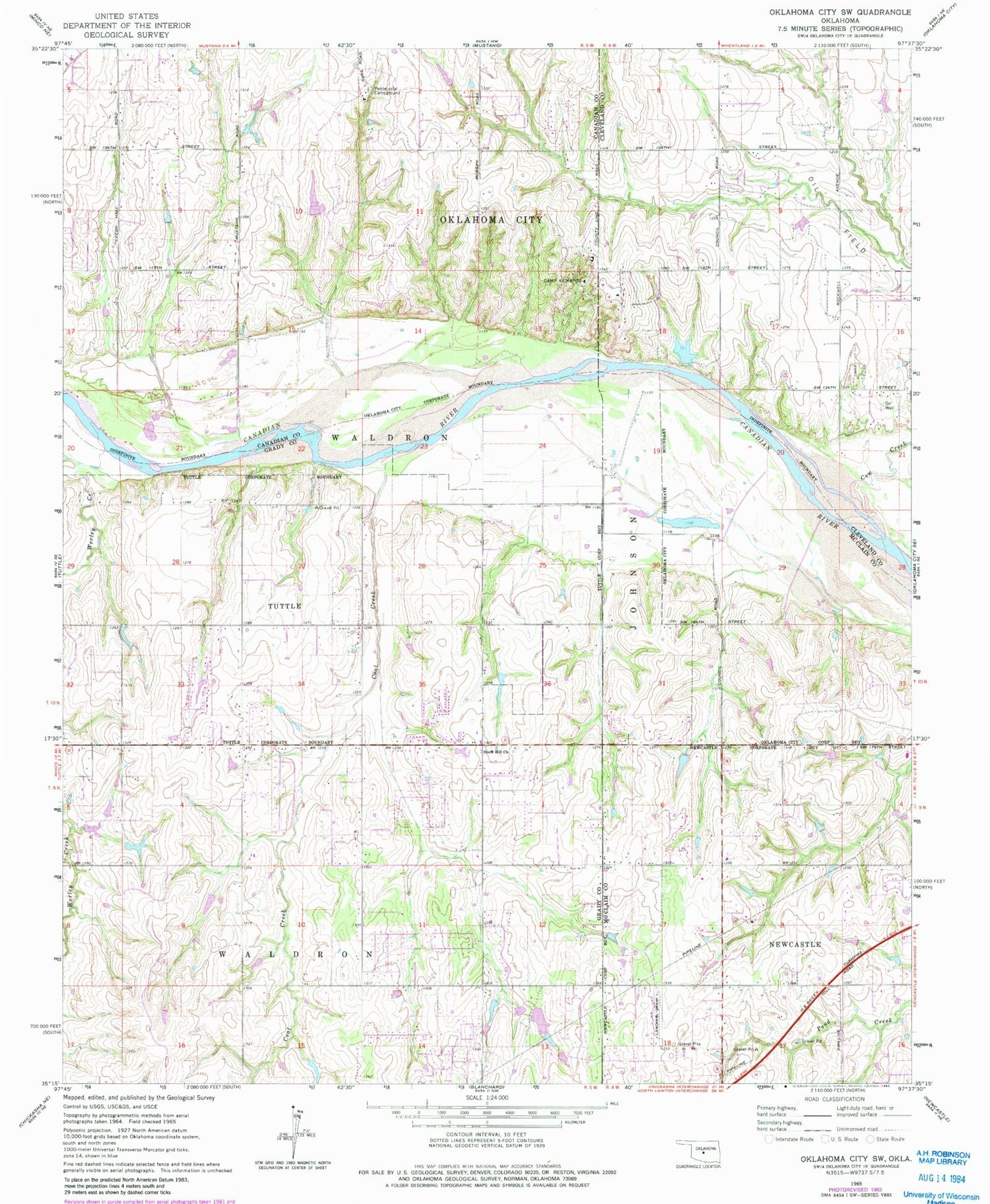 Classic USGS Oklahoma City SW Oklahoma 7.5'x7.5' Topo Map Image