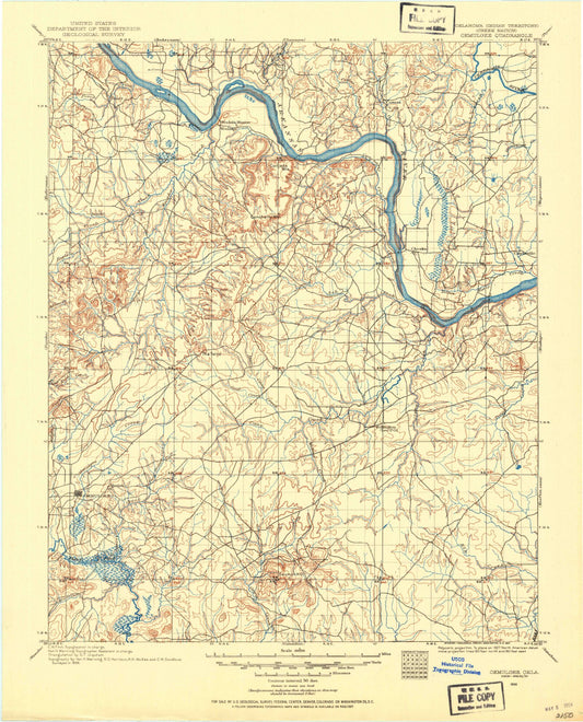 Historic 1896 Okmulgee Oklahoma 30'x30' Topo Map Image