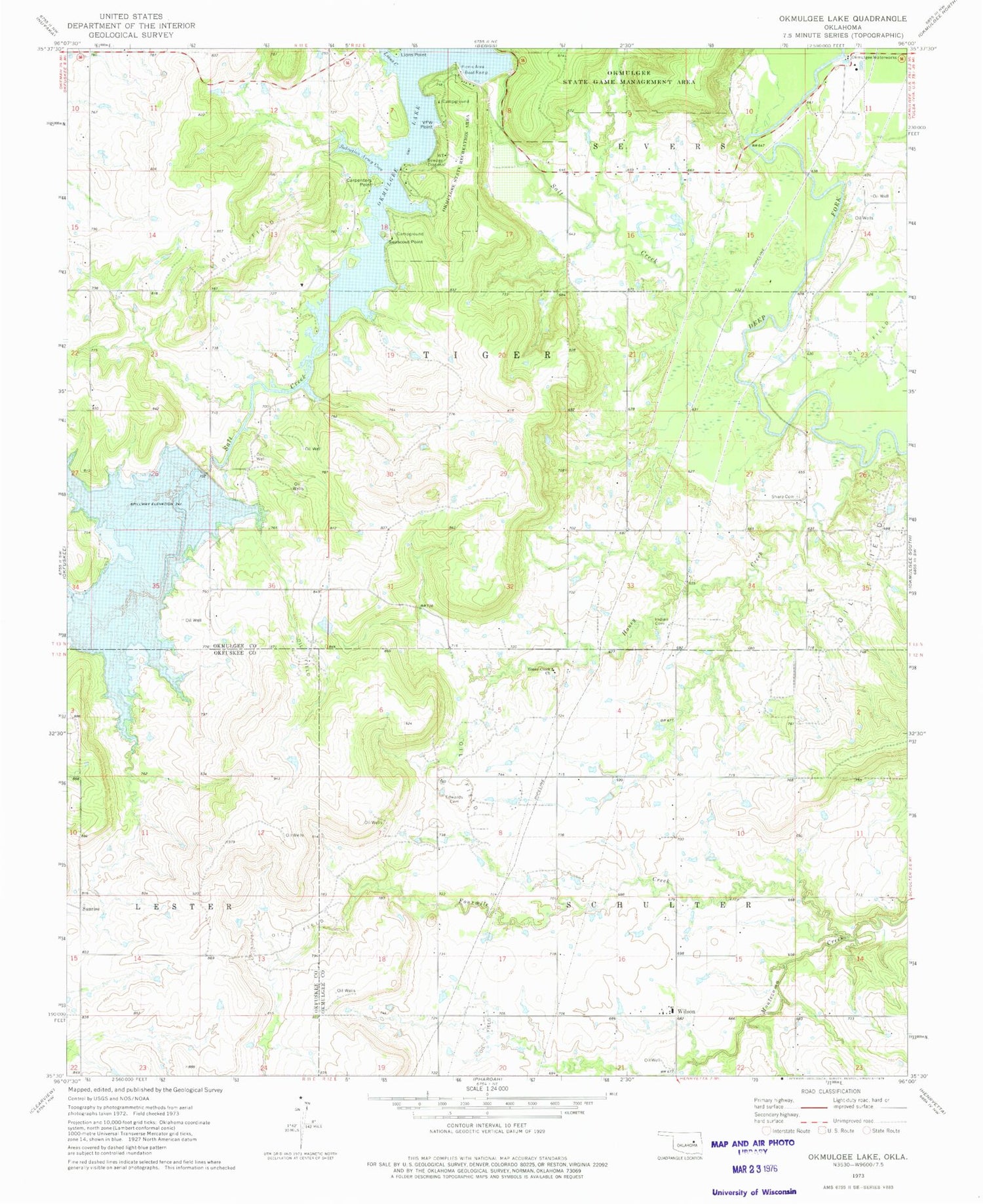 Classic USGS Okmulgee Lake Oklahoma 7.5'x7.5' Topo Map Image