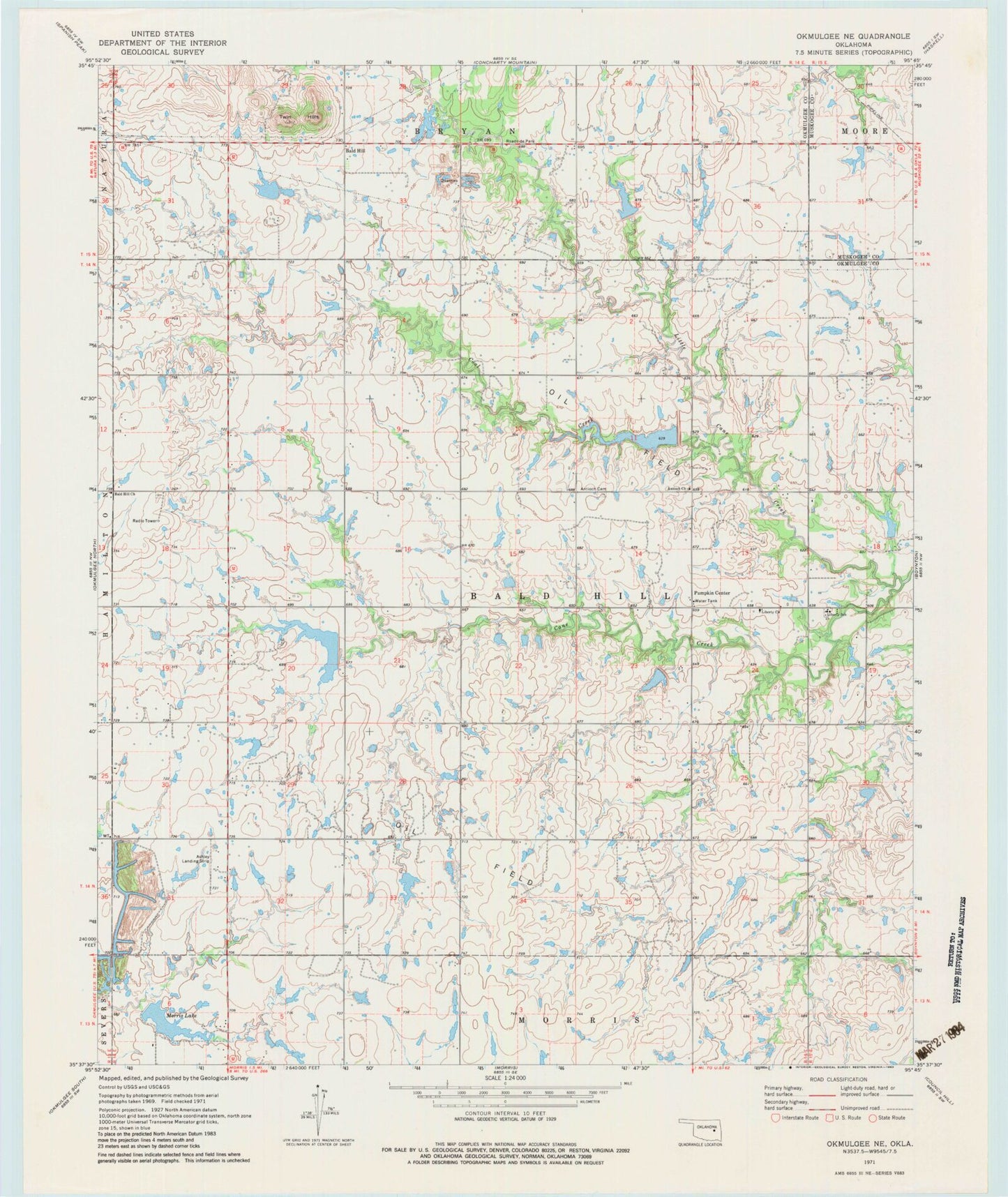 Classic USGS Okmulgee NE Oklahoma 7.5'x7.5' Topo Map Image