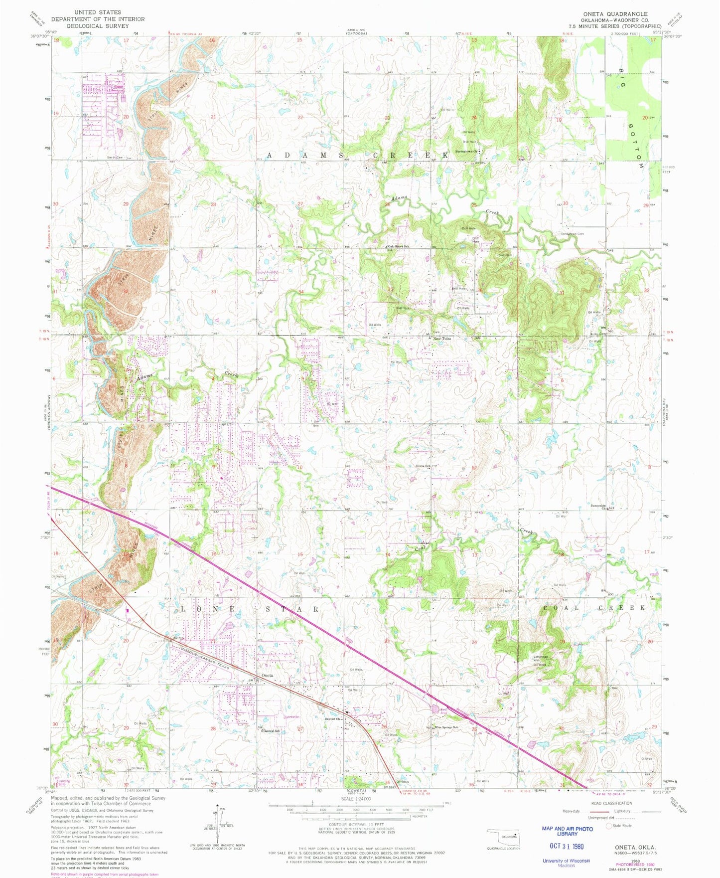 Classic USGS Oneta Oklahoma 7.5'x7.5' Topo Map Image