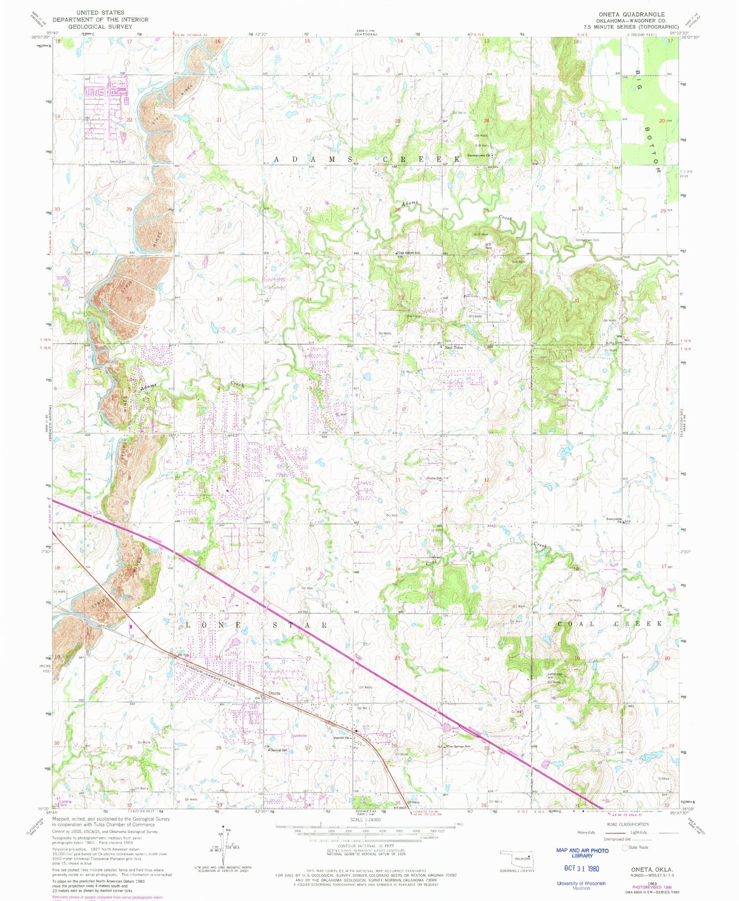 Classic USGS Oneta Oklahoma 7.5'x7.5' Topo Map Image