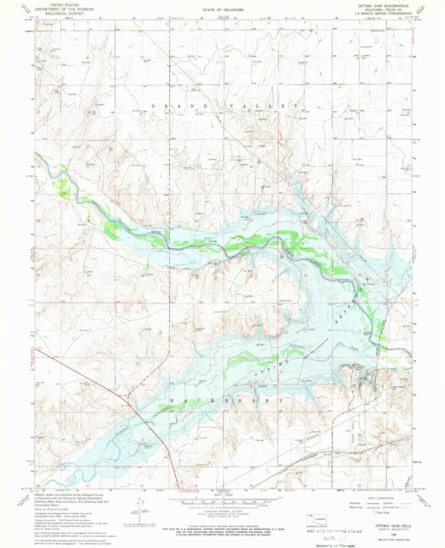 Classic USGS Optima Dam Oklahoma 7.5'x7.5' Topo Map Image