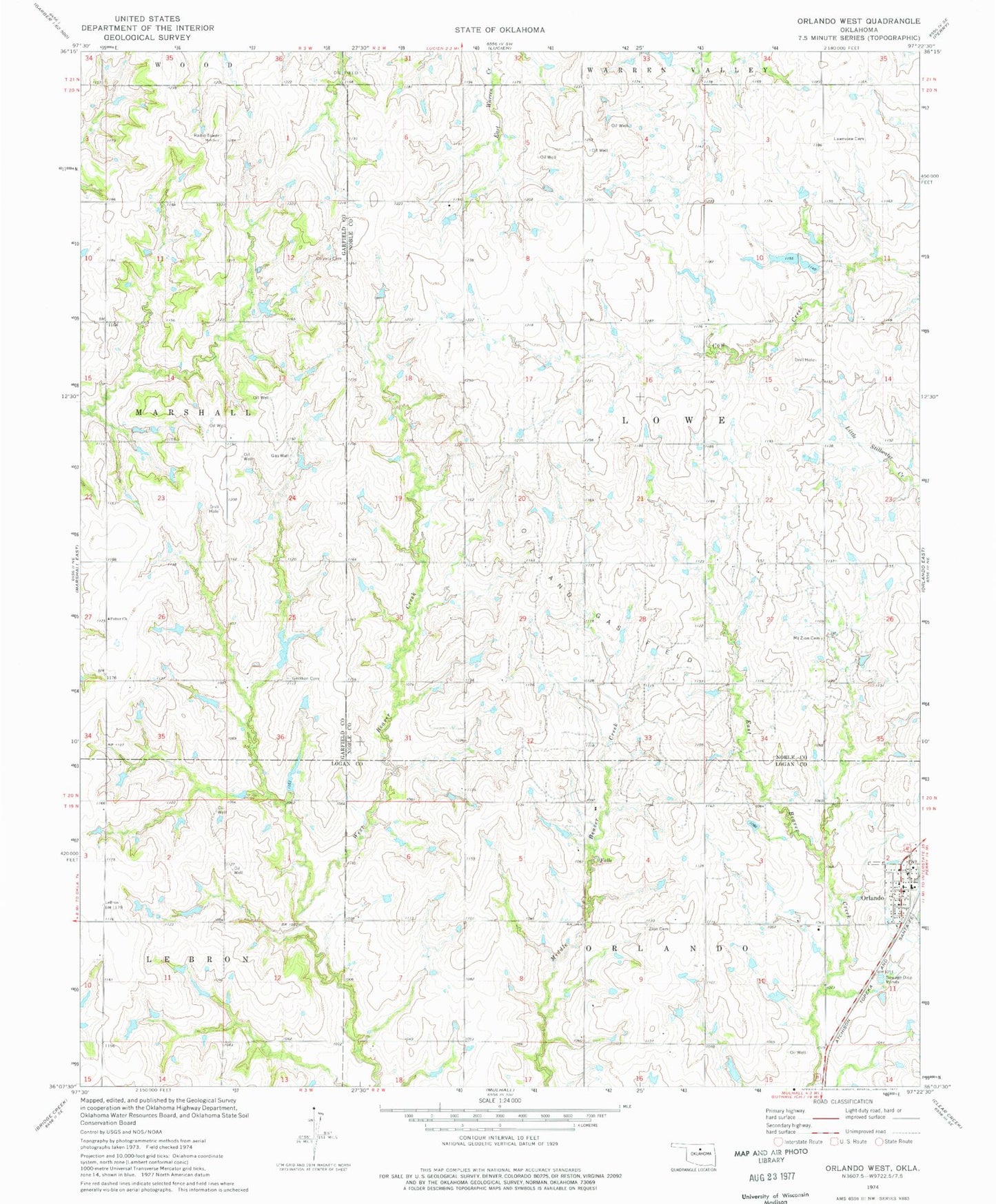 Classic USGS Orlando West Oklahoma 7.5'x7.5' Topo Map Image